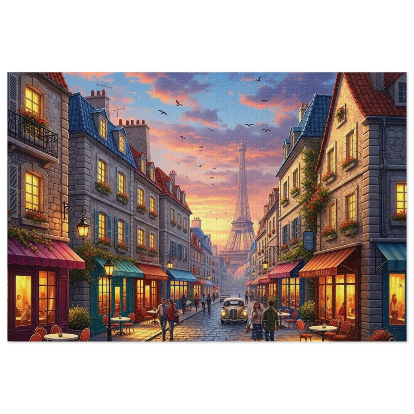Paris Sunset Café Street Jigsaw Puzzle with Eiffel Tower