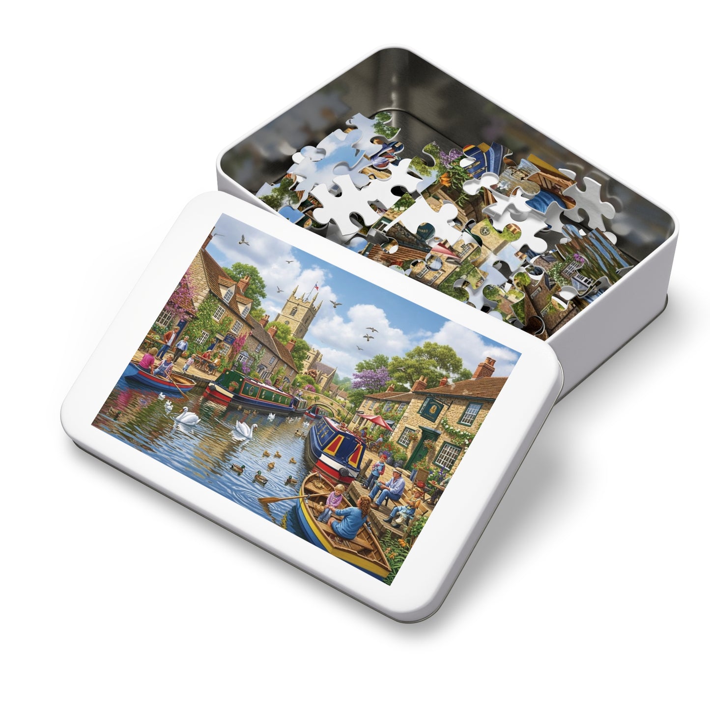 Canal Village Jigsaw Puzzle with Boats Swans and Cottages