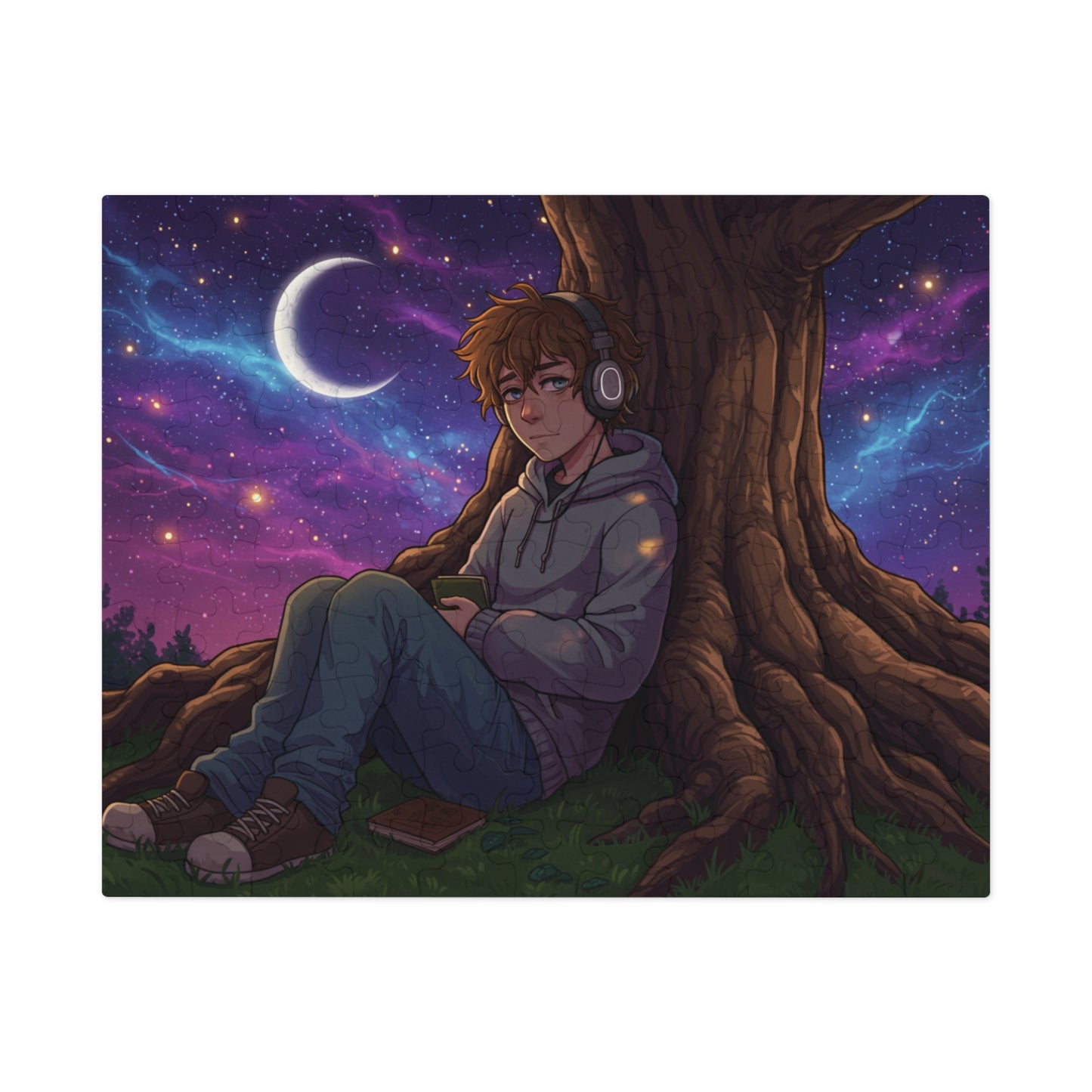 30, 110 pics Anime Night Sky Jigsaw Puzzle – Cozy Hoodie Character Under Crescent Moon with Galaxy Background