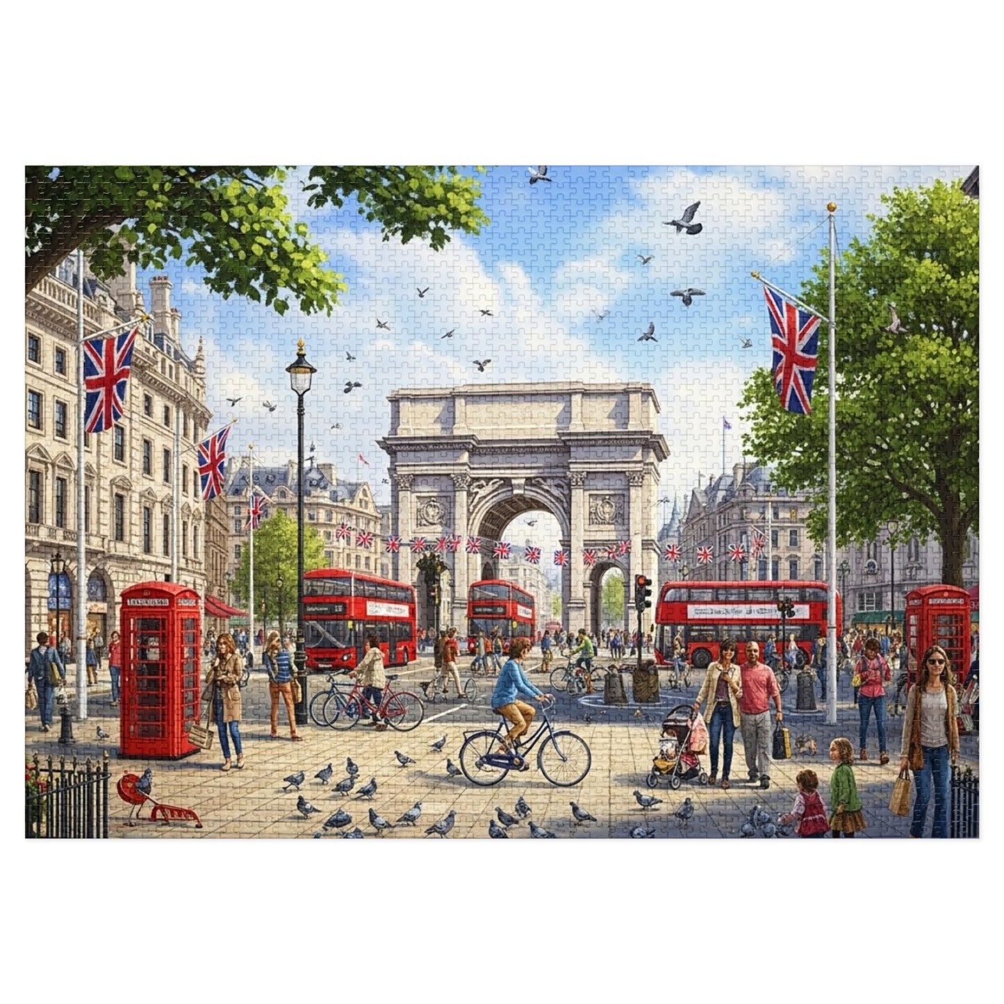 Historic London Arch Jigsaw Puzzle with Red Buses Cyclists and Crowds