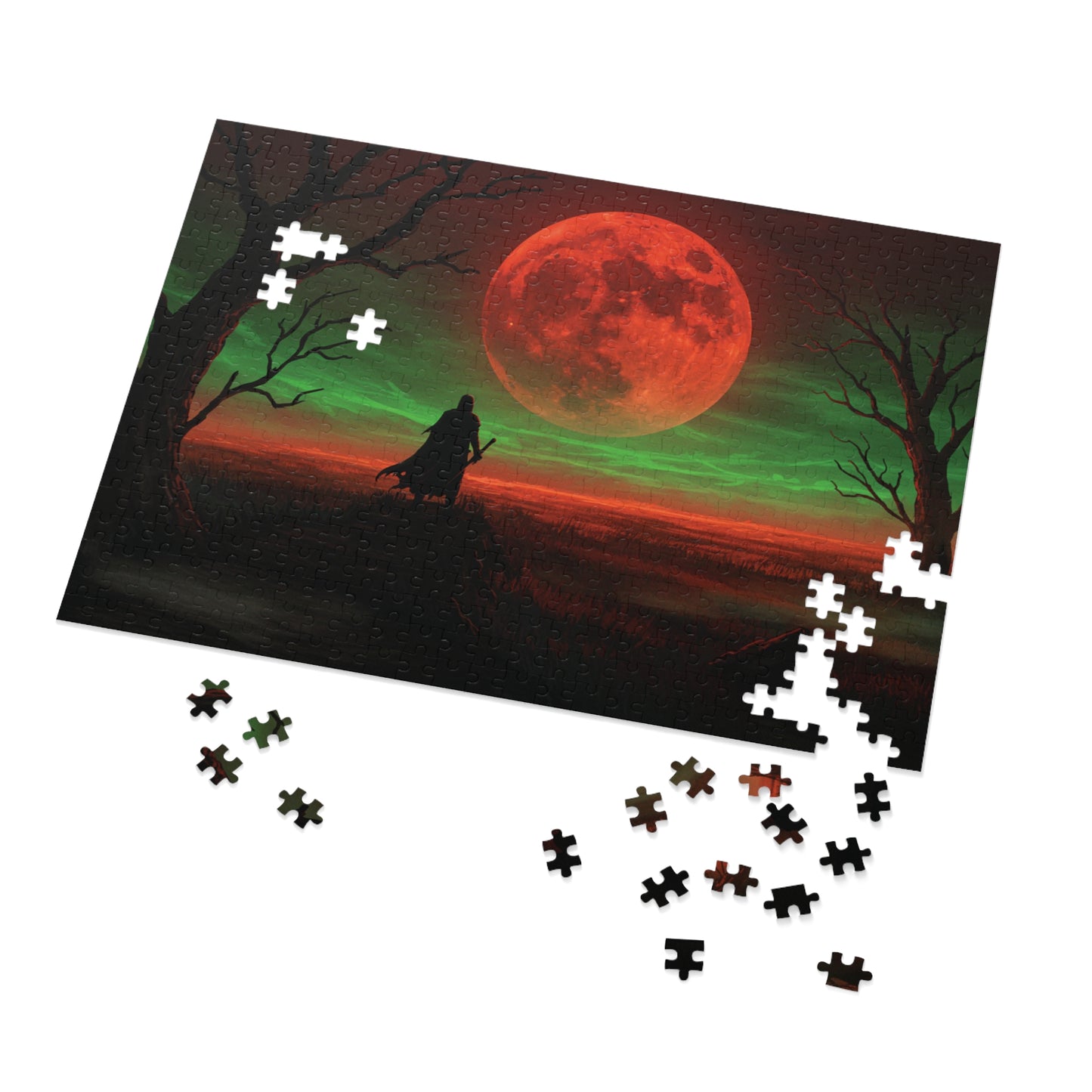 110, 252, 500, 1000, 2000 Mystical Red Moon Jigsaw Puzzle, Blood Moon Warrior Puzzle, Apocalyptic Red Moon Puzzle, Shadow Path Puzzle, Dark Fantasy Puzzle, Crimson Sky Puzzle