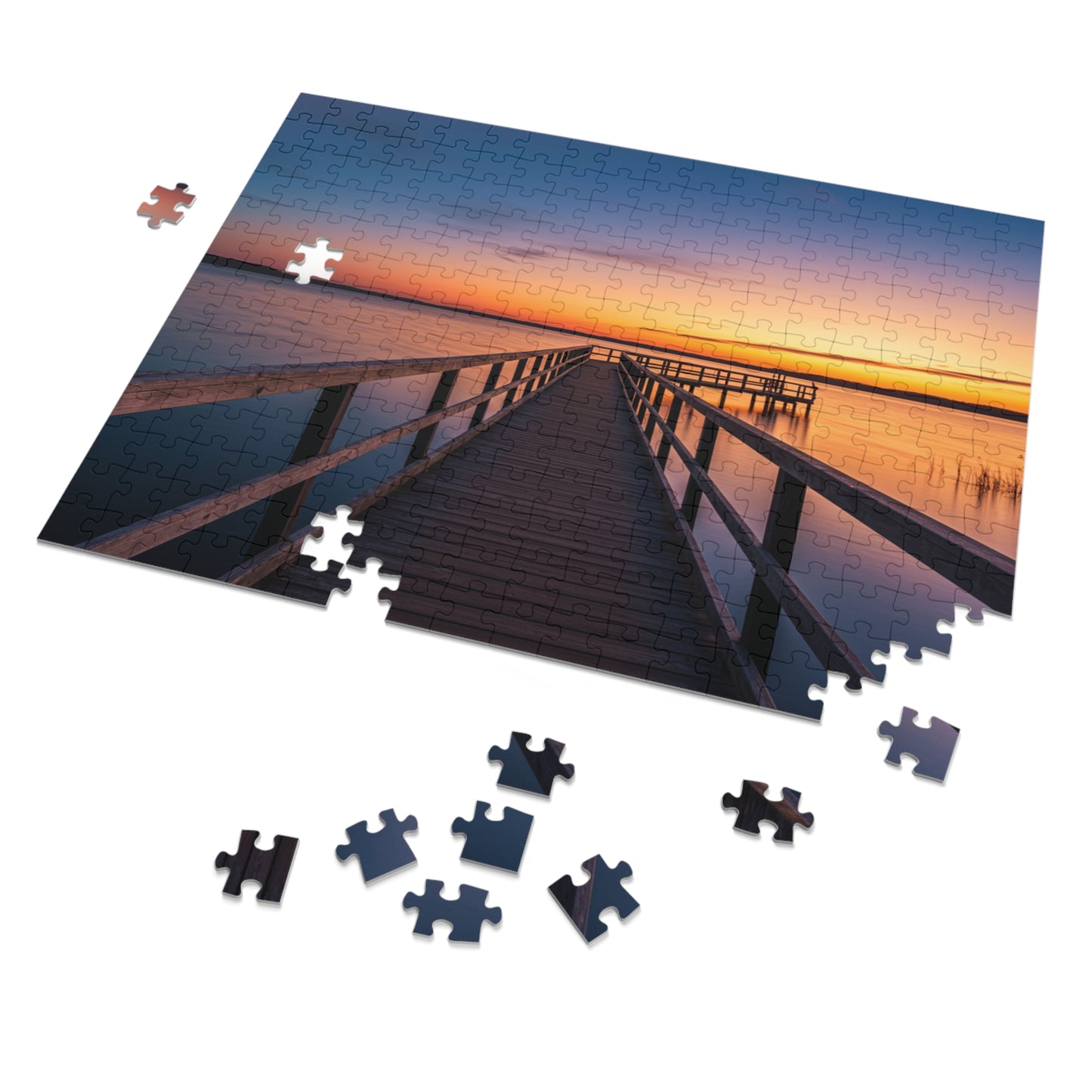 Sunset Jigsaw Puzzle with Tin, Boardwalk Sunset Puzzle – Soothing Waterscape Jigsaw for Relaxation, Peaceful Sunset Landscape Puzzle