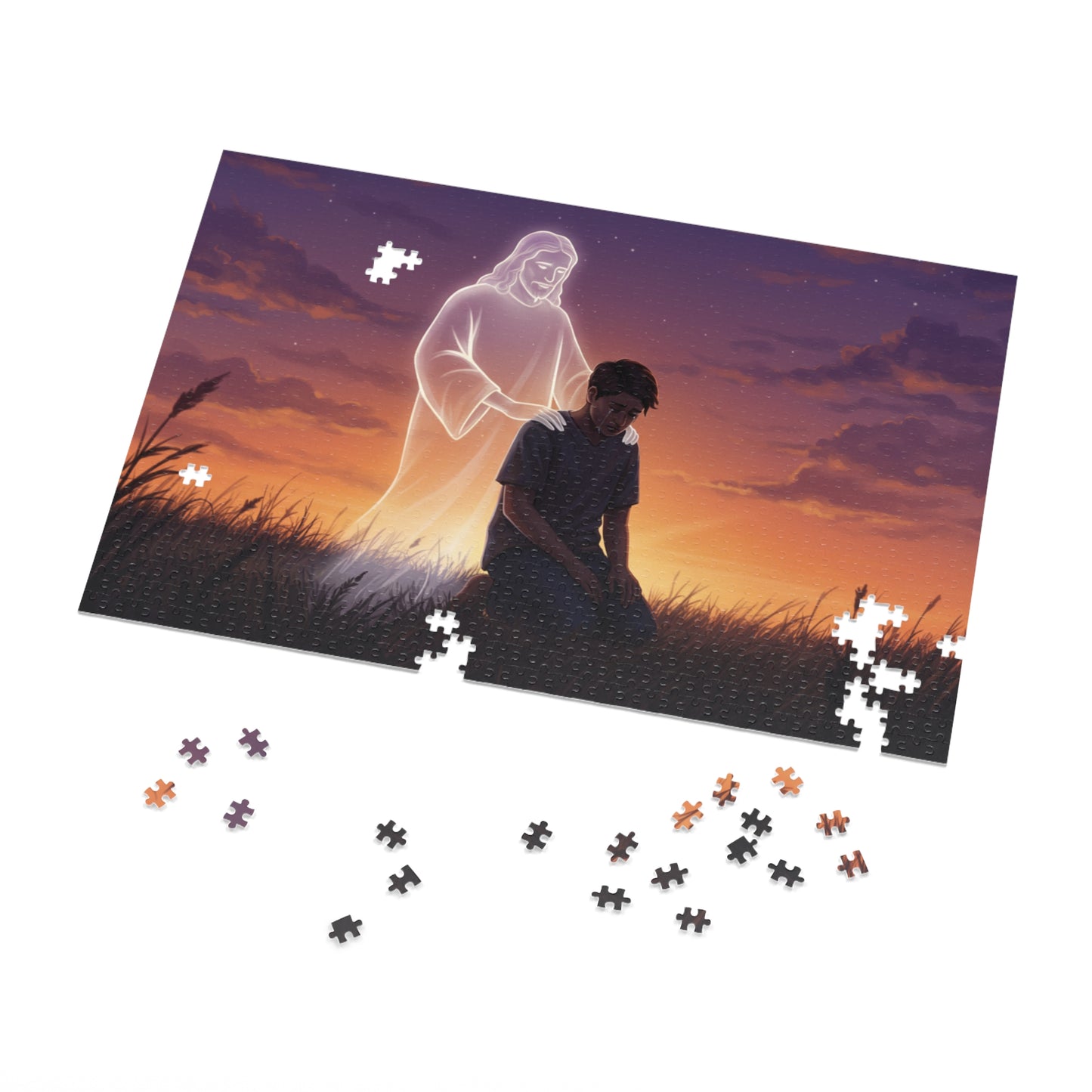 110, 252, 500, 1000 Spiritual Reflection Jigsaw Puzzle with Tin, Sunset Prayer and Heavenly Light Design, Kneeling Figure, Angelic Presence Jigsaw puzzle
