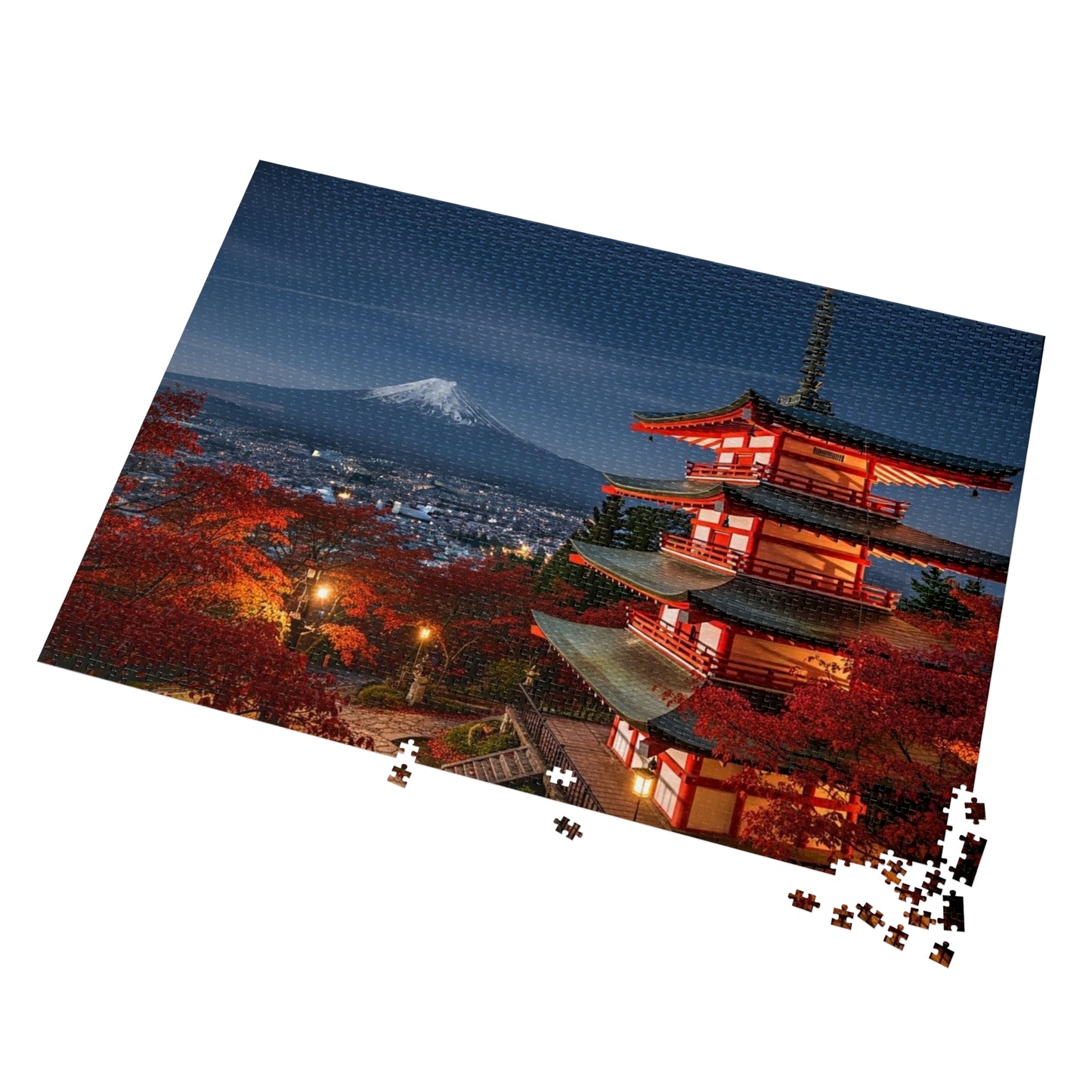 Mount Fuji Night Pagoda Jigsaw Puzzle 🌙🗻 Autumn Temple View, Japan City Lights & Crimson Maples