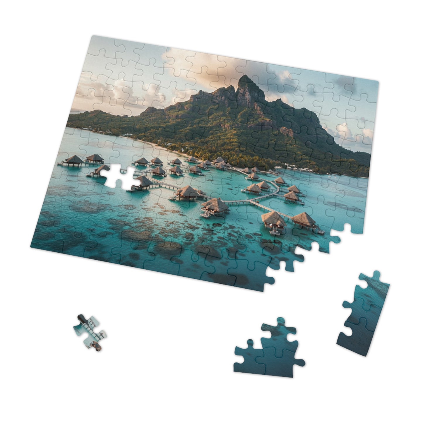 110, 252, 500, 1000, 2000 pcs Tropical Island Jigsaw Puzzle, Scenic Paradise Puzzle, Exotic Vacation Puzzle, Breathtaking Tropical Bay with Overwater Retreats