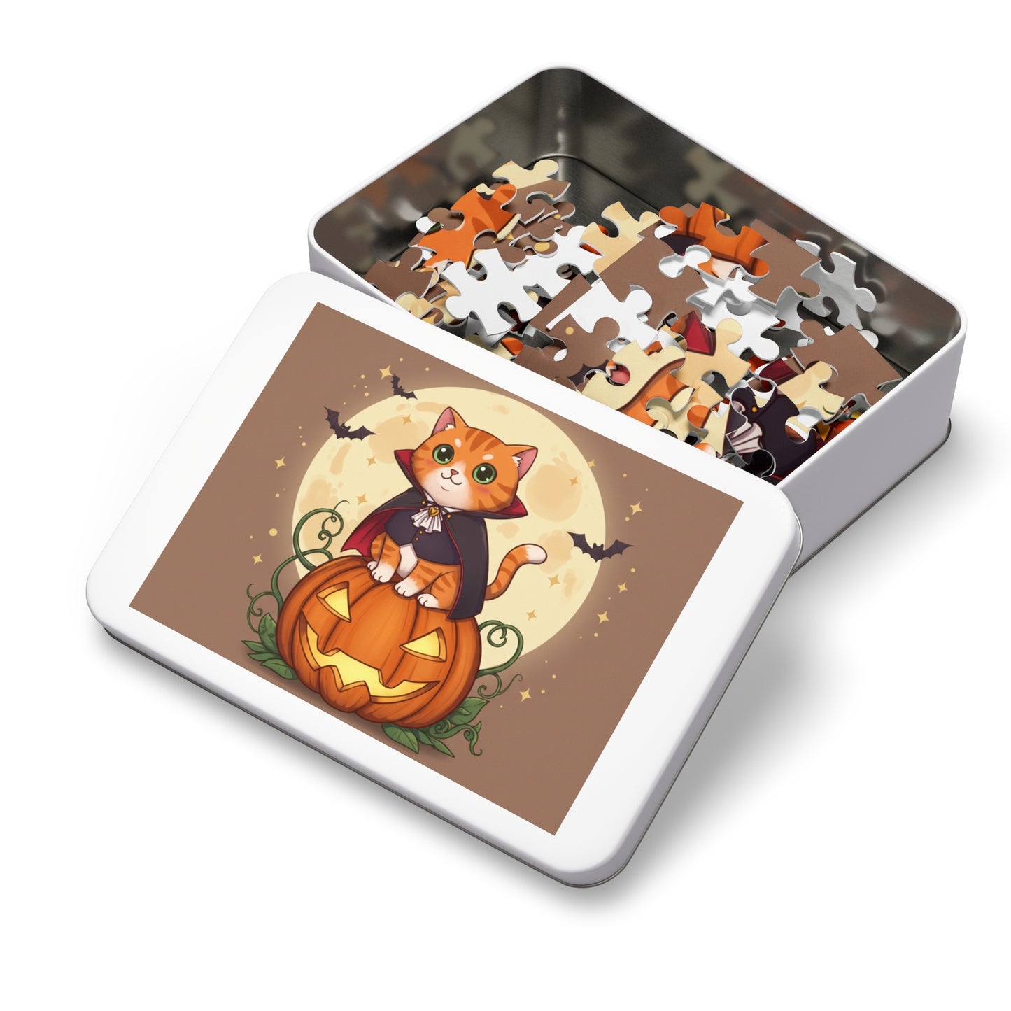 30, 110, 252 pcs Halloween Cat Jigsaw Puzzle, Cute Halloween Puzzle, Cartoon Kitten in Cape on Glowing Pumpkin, Halloween Night Scene with Bats and Moon
