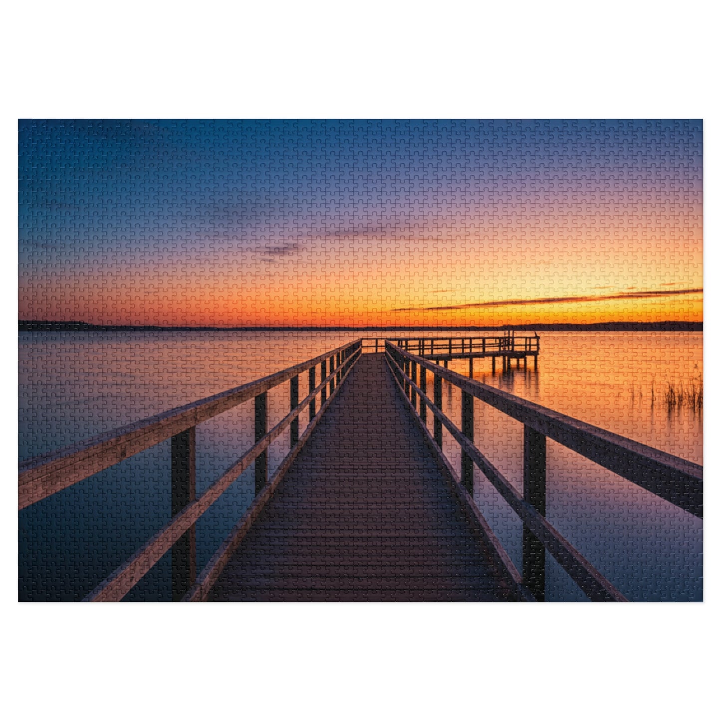 Sunset Jigsaw Puzzle with Tin, Boardwalk Sunset Puzzle – Soothing Waterscape Jigsaw for Relaxation, Peaceful Sunset Landscape Puzzle