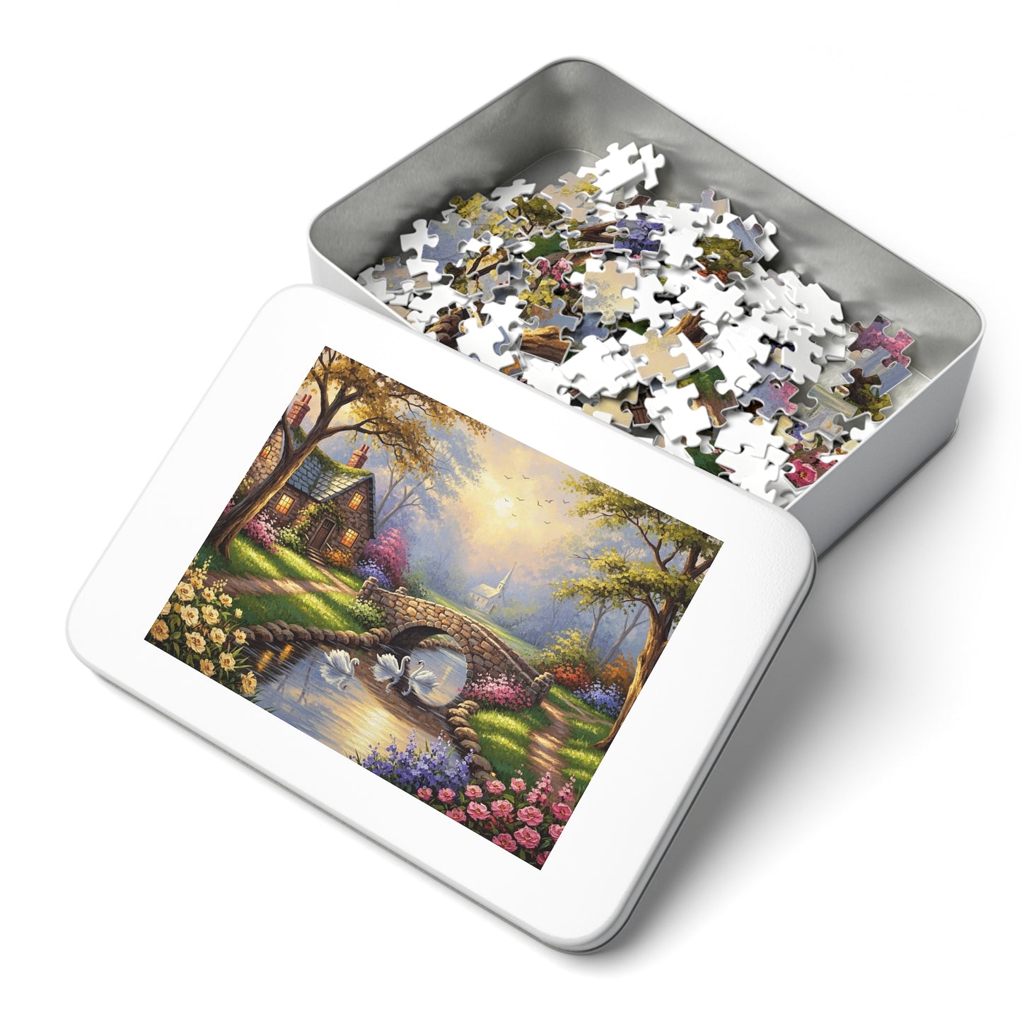 Spring Swan Bridge Cottage Puzzle | Flower Garden, Stone Bridge, Peaceful Countryside Scene