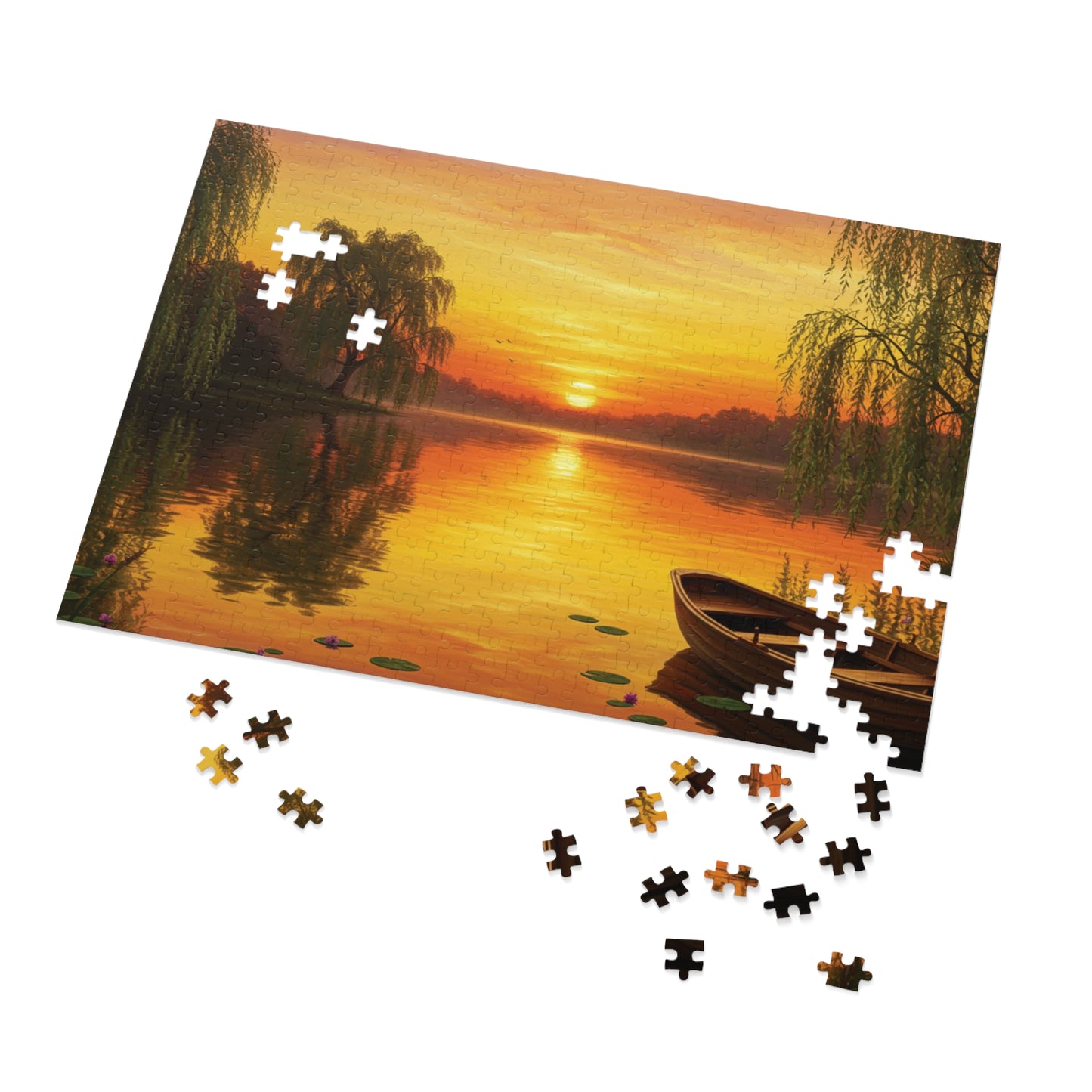 110, 252, 500, 1000, 2000 Golden Sunset Rowboat Puzzle, Sunset Over Still Waters, Boat at Dusk Puzzle, Tranquil Willow Tree Sunset, Golden Hour Reflection Puzzle, Sunset Reflection on Lake Puzzle, Rowboat on Calm Waters Puzzle