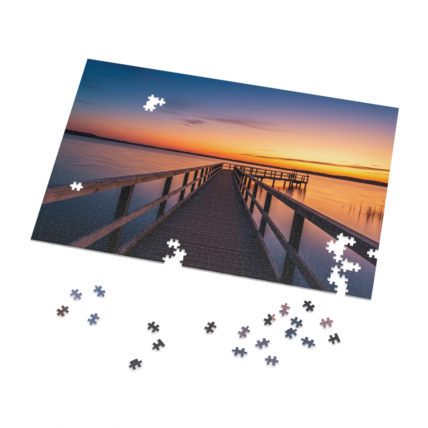 Sunset Jigsaw Puzzle with Tin, Boardwalk Sunset Puzzle – Soothing Waterscape Jigsaw for Relaxation, Peaceful Sunset Landscape Puzzle