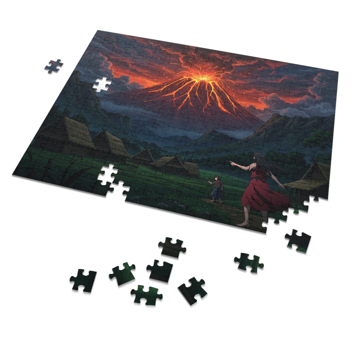 110, 252, 500, 1000 pcs Volcano Eruption Jigsaw Puzzle, Explosive Landscape Puzzle, Lava Flow and Smoke Over Mountainous Horizon