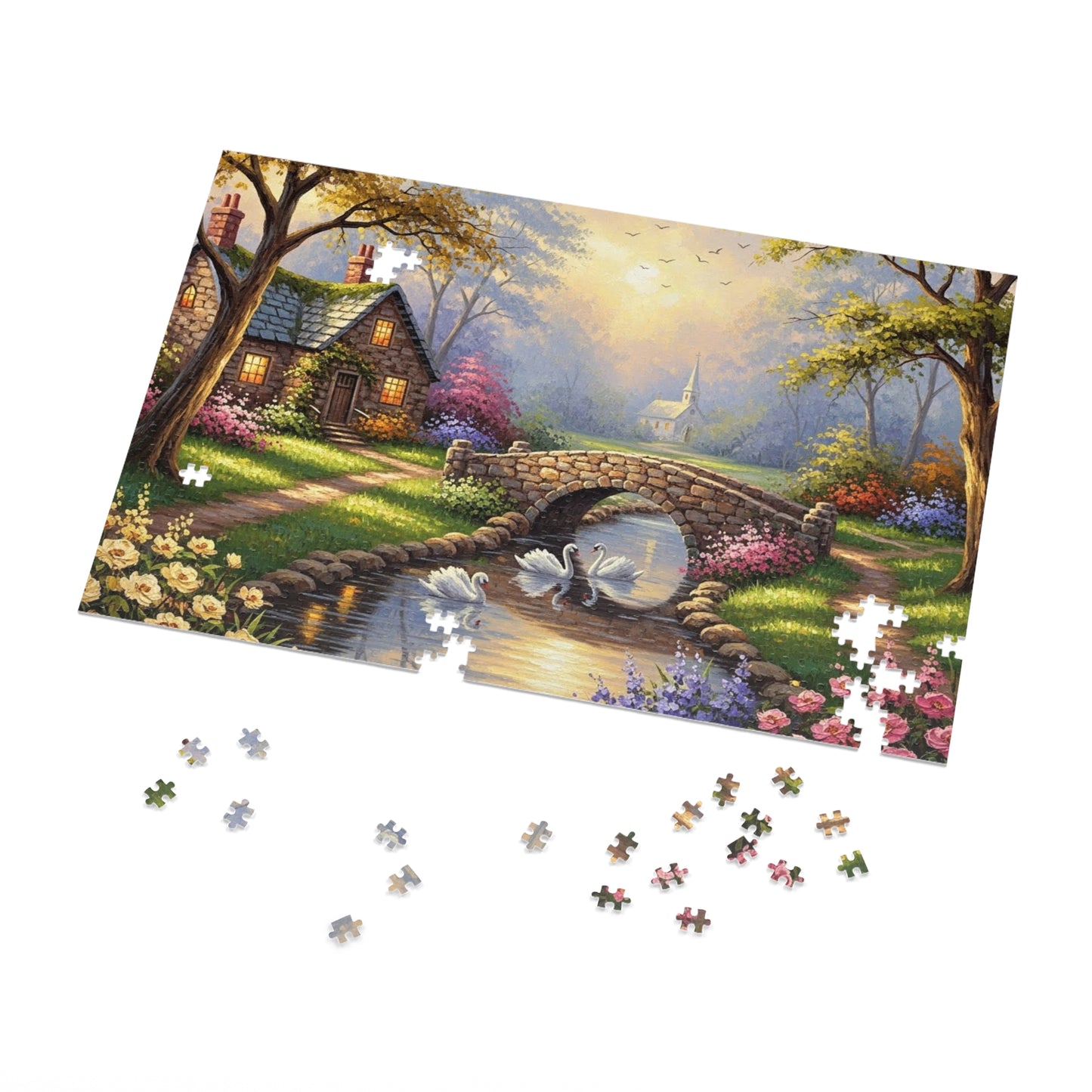 Spring Swan Bridge Cottage Puzzle | Flower Garden, Stone Bridge, Peaceful Countryside Scene