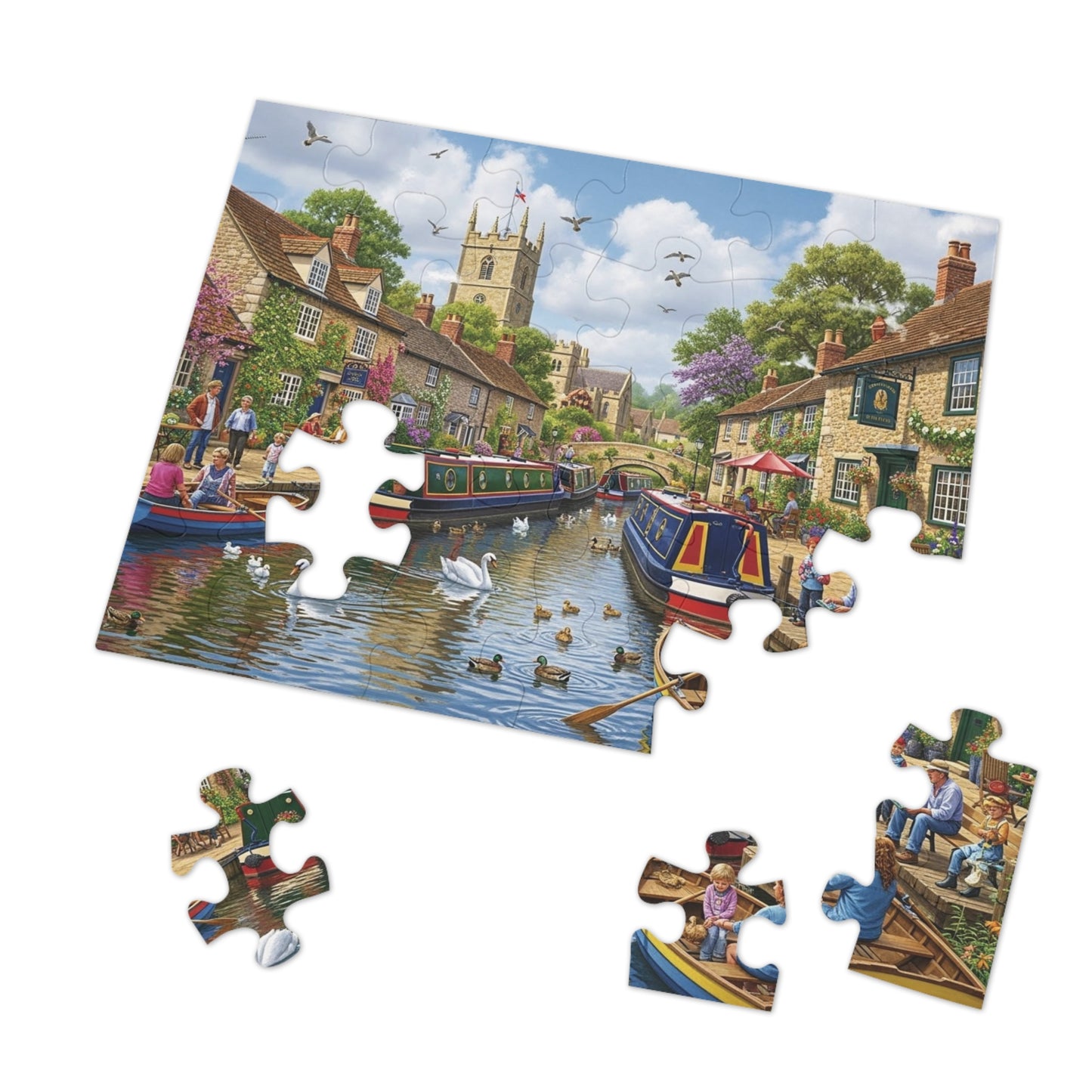 Canal Village Jigsaw Puzzle with Boats Swans and Cottages