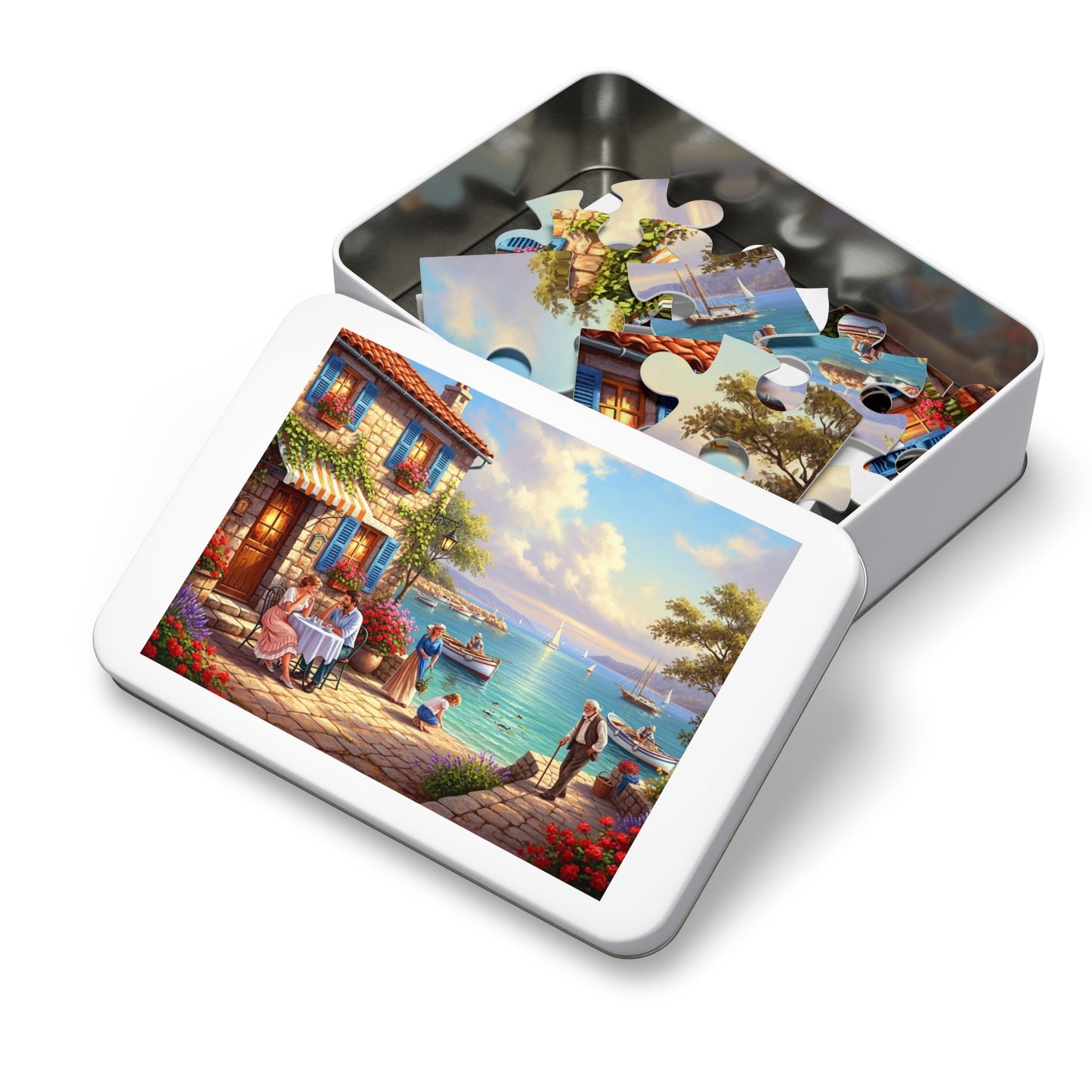Mediterranean Seaside Café Puzzle | Charming Coastal Village, Sailboats, Flowers & Sunset Life