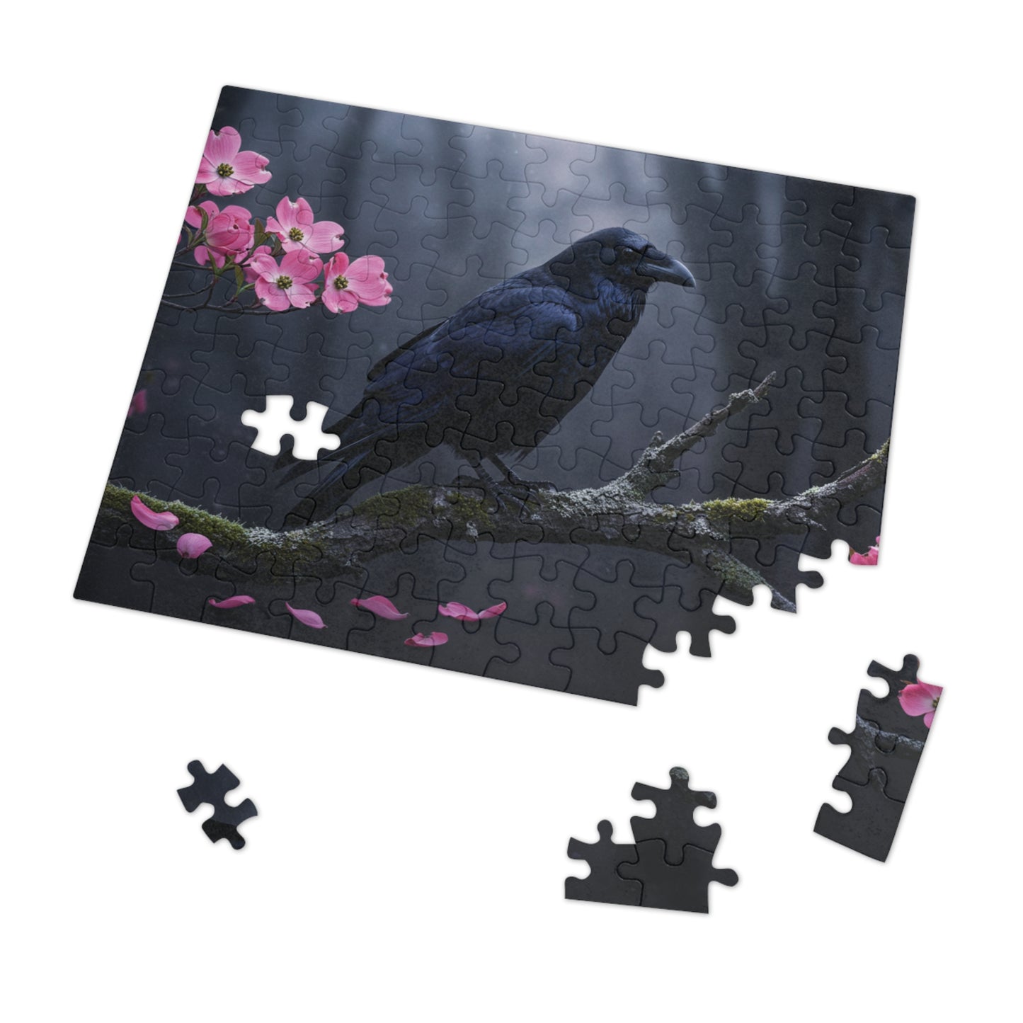 110, 252, 500, 1000, 2000 Black Bird in Spring Forest | Dark Raven with Pink Blossoms | Nature-Inspired Raven & Bloom Puzzle |Mystical Raven Jigsaw Puzzle with Tin | Gothic Raven & Cherry Blossom Puzzle