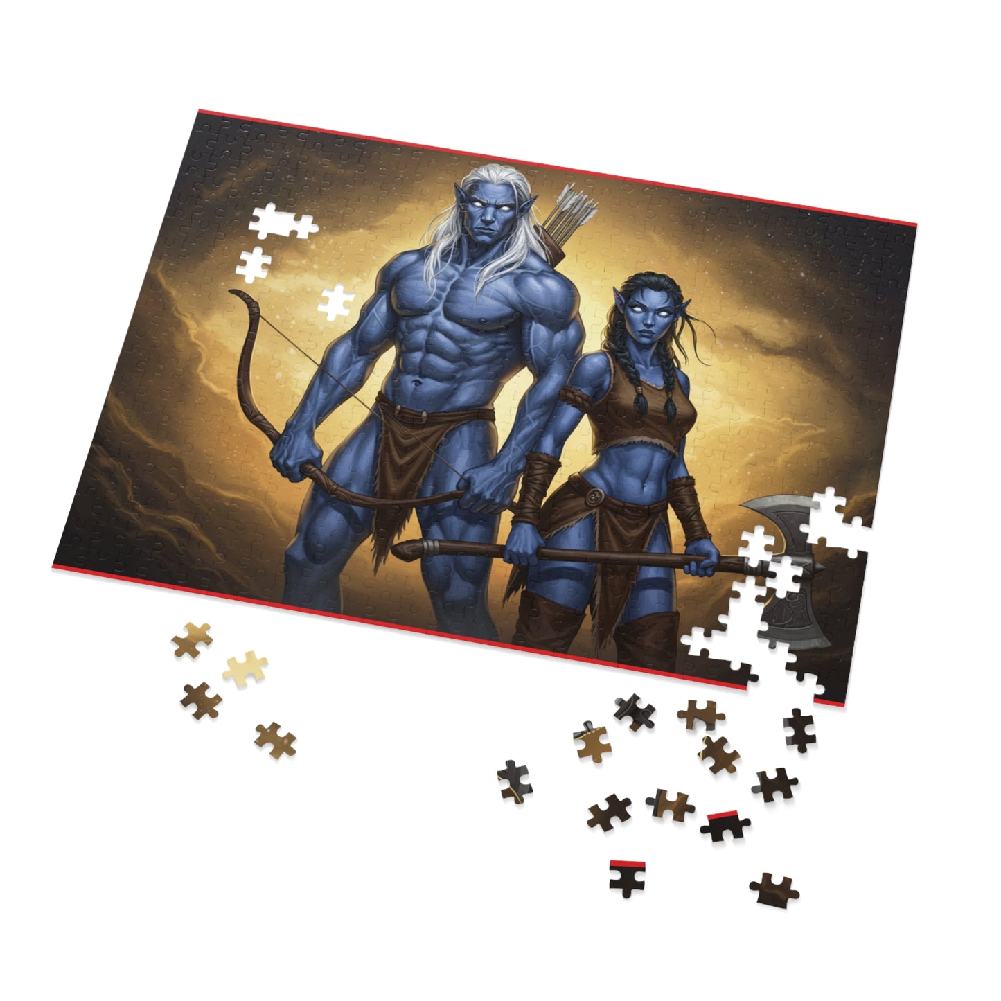 110, 252, 500, 1000, 2000 Blue-Skinned Heroes with Weapons Jigsaw Puzzle, Mythical Battle Duo Puzzle, Legendary Warriors Jigsaw, Heroic Fantasy Fighters Jigsaw