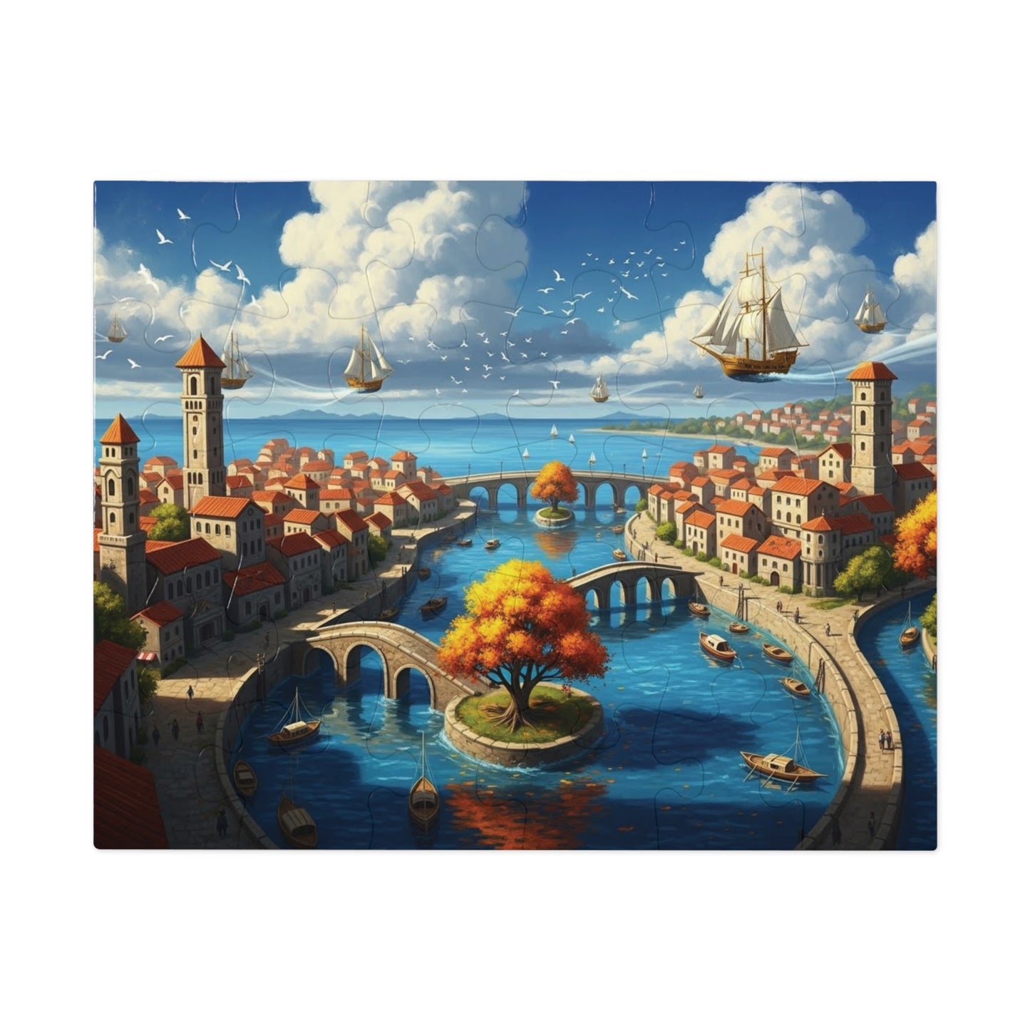 Floating Ships Over the Canal City, Coastal Town, Sailing Ships & Bridge Jigsaw Puzzle ✨