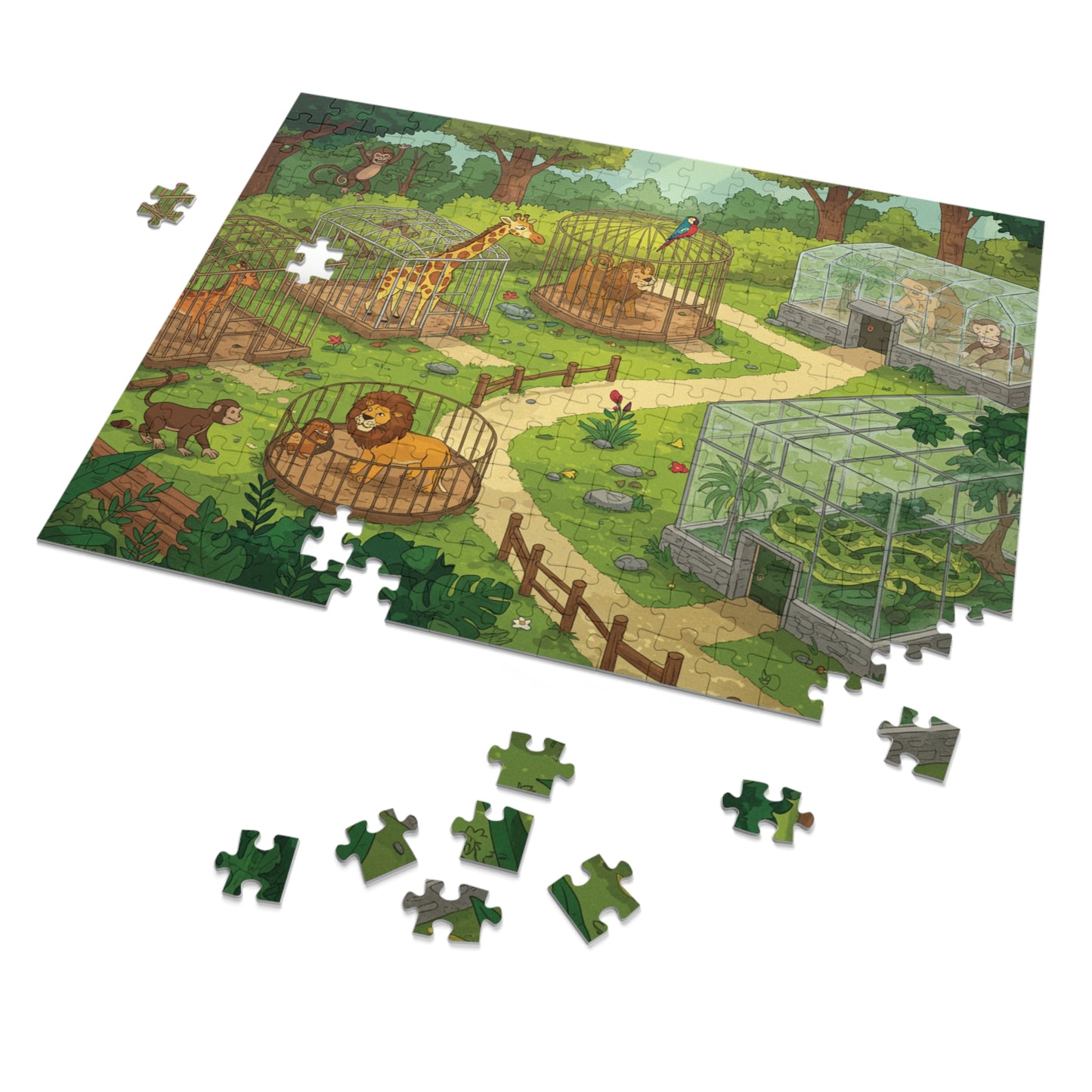 30, 110, 252 pcs Whimsical Zoo Jigsaw Puzzle, Cartoon Zoo Jigsaw Puzzle, Giraffes, Lions, Monkeys, and Parrots, Animated Animal Park Jigsaw, Lively Zoo Puzzle, Family Friendly Zoo Jigsaw Puzzle