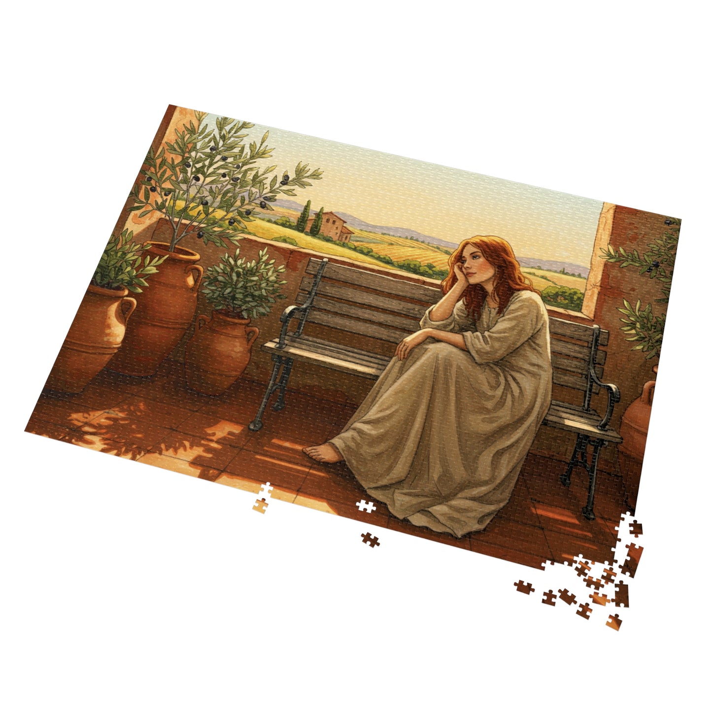 110, 252, 500, 1000, 2000 pcs Rustic Countryside Jigsaw Puzzle, Woman on Bench with Olive Trees, Mediterranean Landscape Puzzle