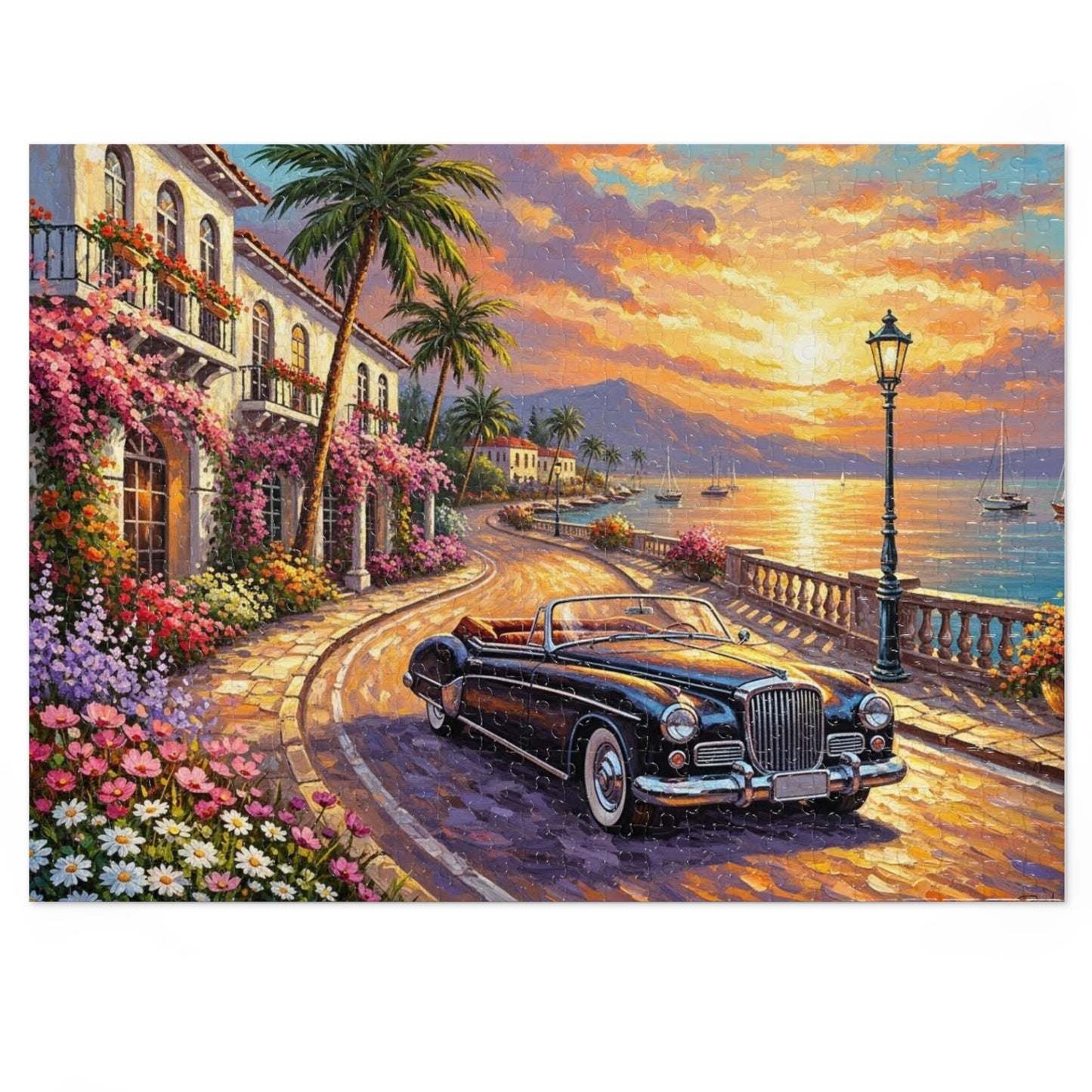 Vintage Convertible Coastal Sunset Jigsaw Puzzle
