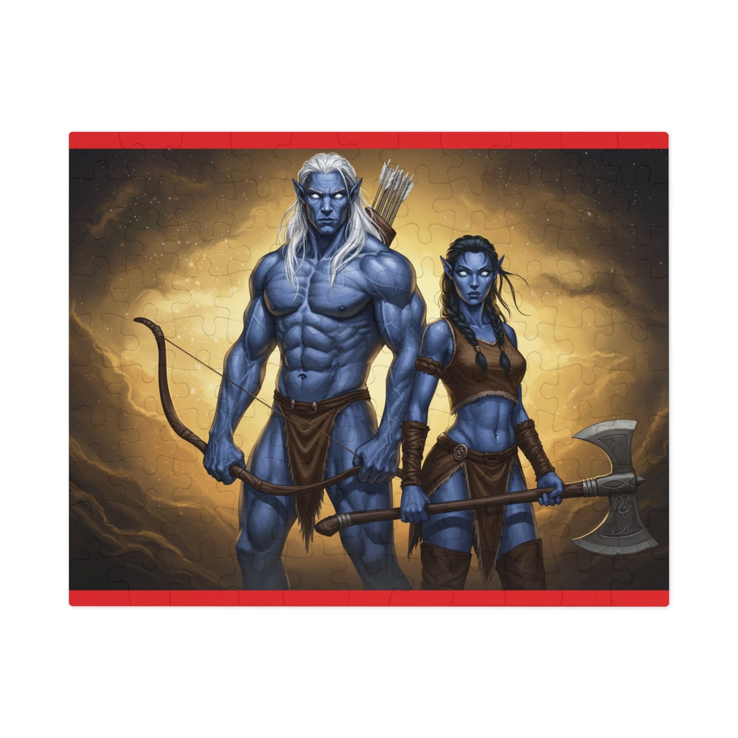 110, 252, 500, 1000, 2000 Blue-Skinned Heroes with Weapons Jigsaw Puzzle, Mythical Battle Duo Puzzle, Legendary Warriors Jigsaw, Heroic Fantasy Fighters Jigsaw