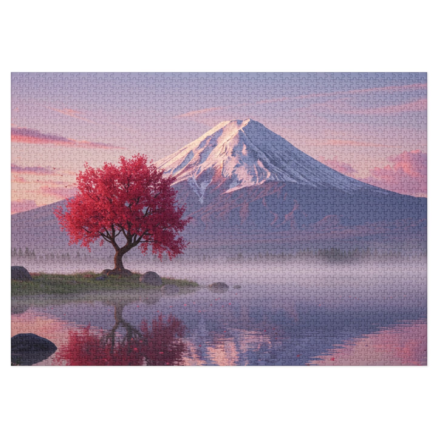 110, 252, 500, 1000, 2000 Cherry Blossom Tree by Mt. Fuji, Sakura Tree & Snowy Mountain Puzzle, Peaceful Pink Tree & Misty Lake Puzzle, Mount Fuji at Sunrise Puzzle, Calm Mountain Morning Puzzle