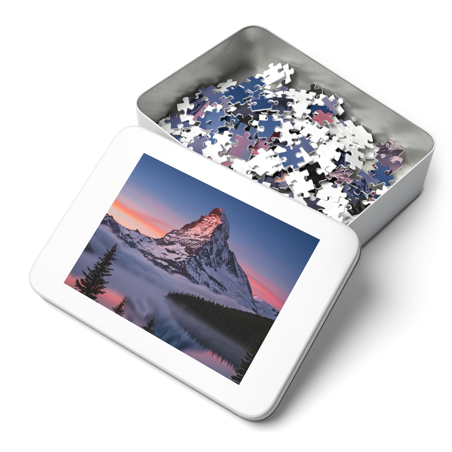 110, 252, 500, 1000, 2000, Snowy Mountain Peak Jigsaw Puzzle –  Alpine Majesty & Mirror Lake Sunset Scene, Scenic Nature Puzzle in Gift Tin (252–2000 Pieces)