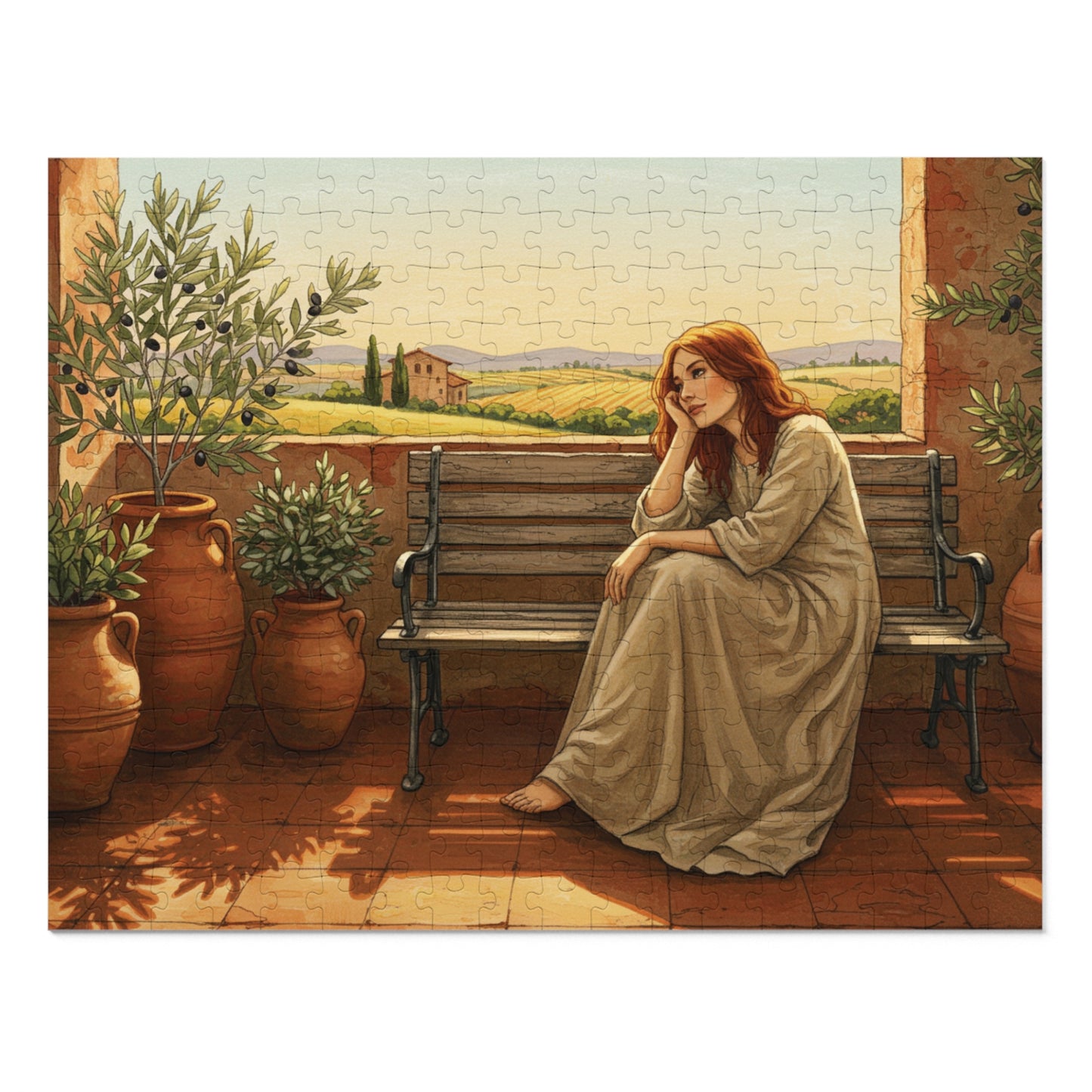 110, 252, 500, 1000, 2000 pcs Rustic Countryside Jigsaw Puzzle, Woman on Bench with Olive Trees, Mediterranean Landscape Puzzle