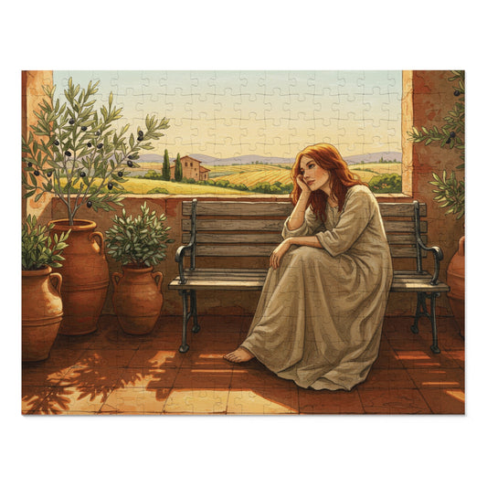 110, 252, 500, 1000, 2000 pcs Rustic Countryside Jigsaw Puzzle, Woman on Bench with Olive Trees, Mediterranean Landscape Puzzle