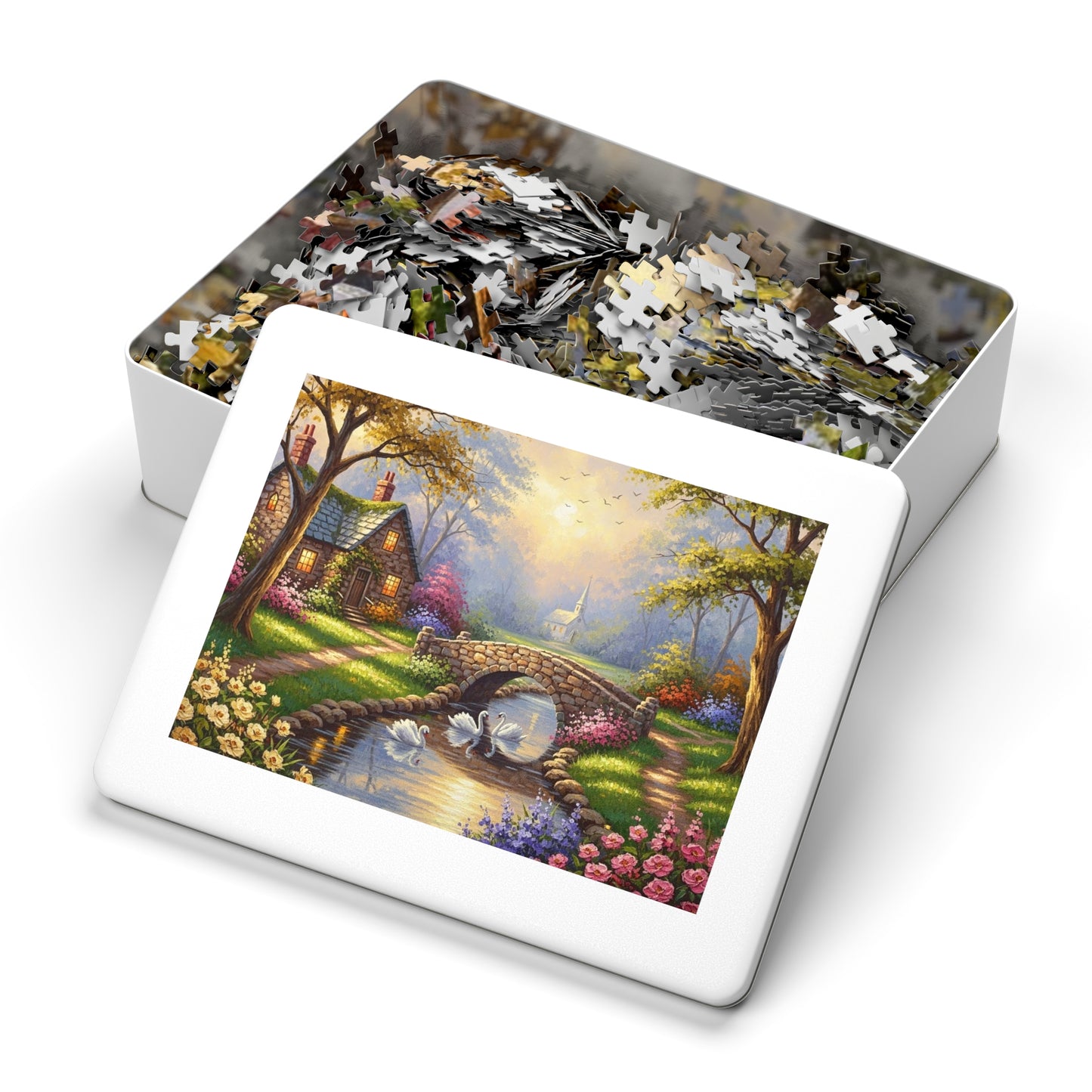 Spring Swan Bridge Cottage Puzzle | Flower Garden, Stone Bridge, Peaceful Countryside Scene
