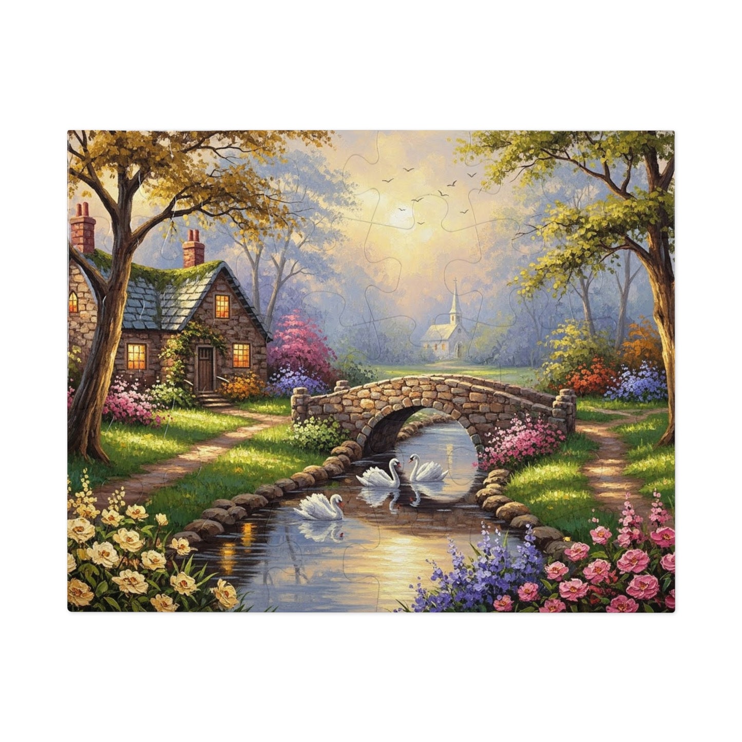 Spring Swan Bridge Cottage Puzzle | Flower Garden, Stone Bridge, Peaceful Countryside Scene