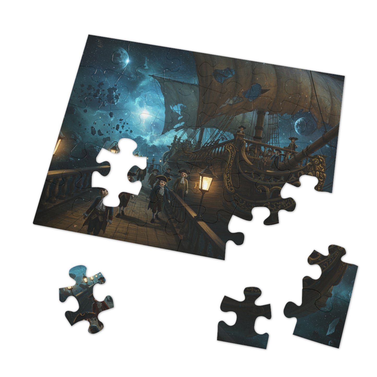 Fantasy Night Ship Jigsaw Puzzle Moonlit Sky and Lantern Deck Scene