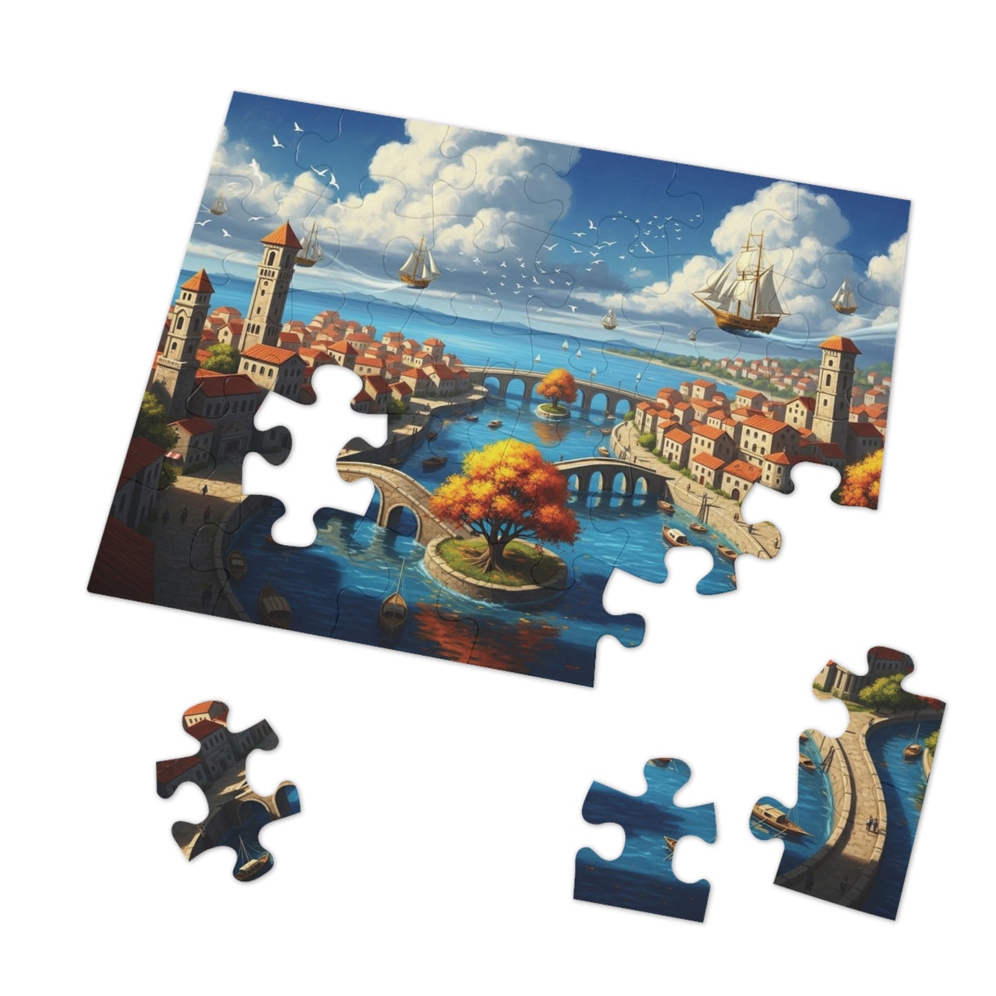Floating Ships Over the Canal City, Coastal Town, Sailing Ships & Bridge Jigsaw Puzzle ✨