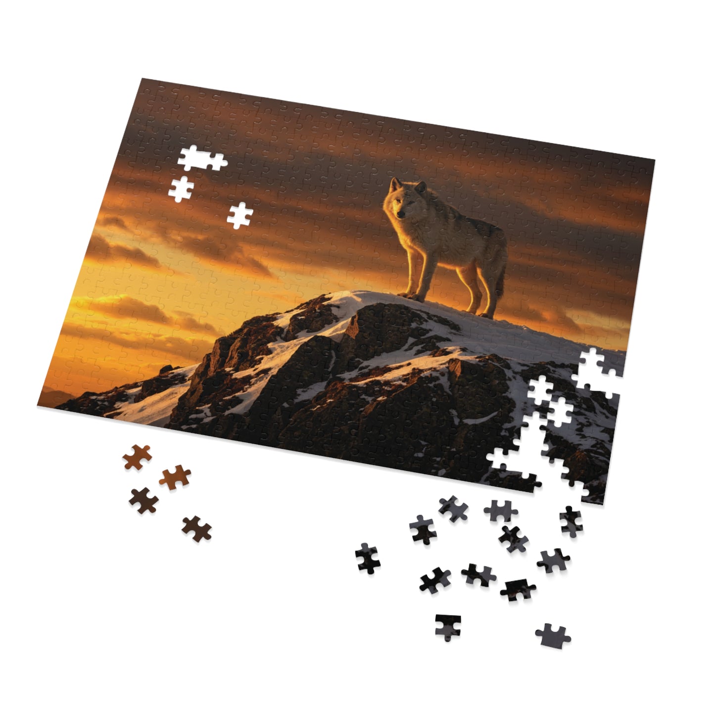 110, 252, 500, 1000, 5000 Wolf Mountain Jigsaw Puzzle with Tin, Lone Wolf at Sunset, Wild Wolf on Snowy Peak, Sunset Wolf Puzzle, Arctic Wolf on Rocky Summit, Wolf in the Wilderness
