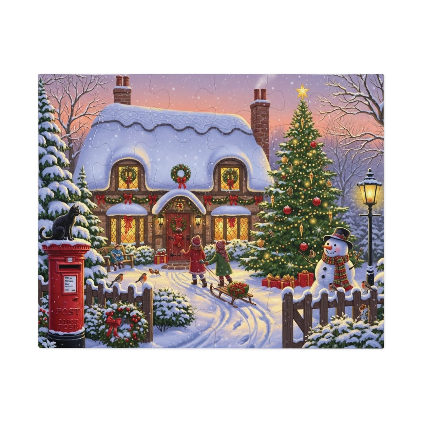 Christmas Cottage Jigsaw Puzzle with Tree Snowman and Sled