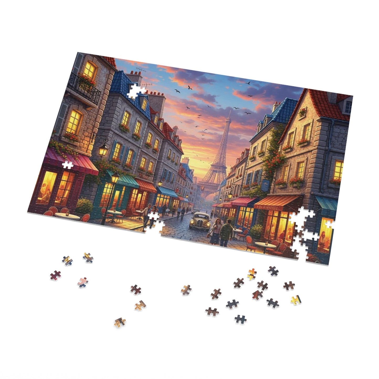 Paris Sunset Café Street Jigsaw Puzzle with Eiffel Tower