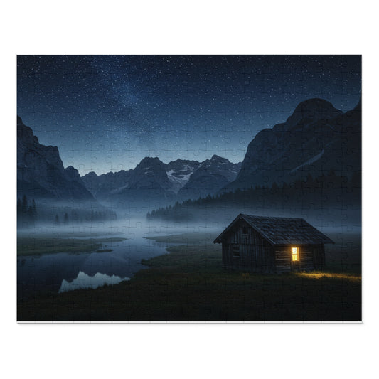 110, 252, 500, 1000, 2000 Starry Night Cabin Puzzle, Tranquil Nightscape Puzzle, Nighttime Cabin Under Stars, Twilight Mountains and Lit Cabin, Foggy Valley and Star-Filled Sky, Wilderness Cabin Puzzle