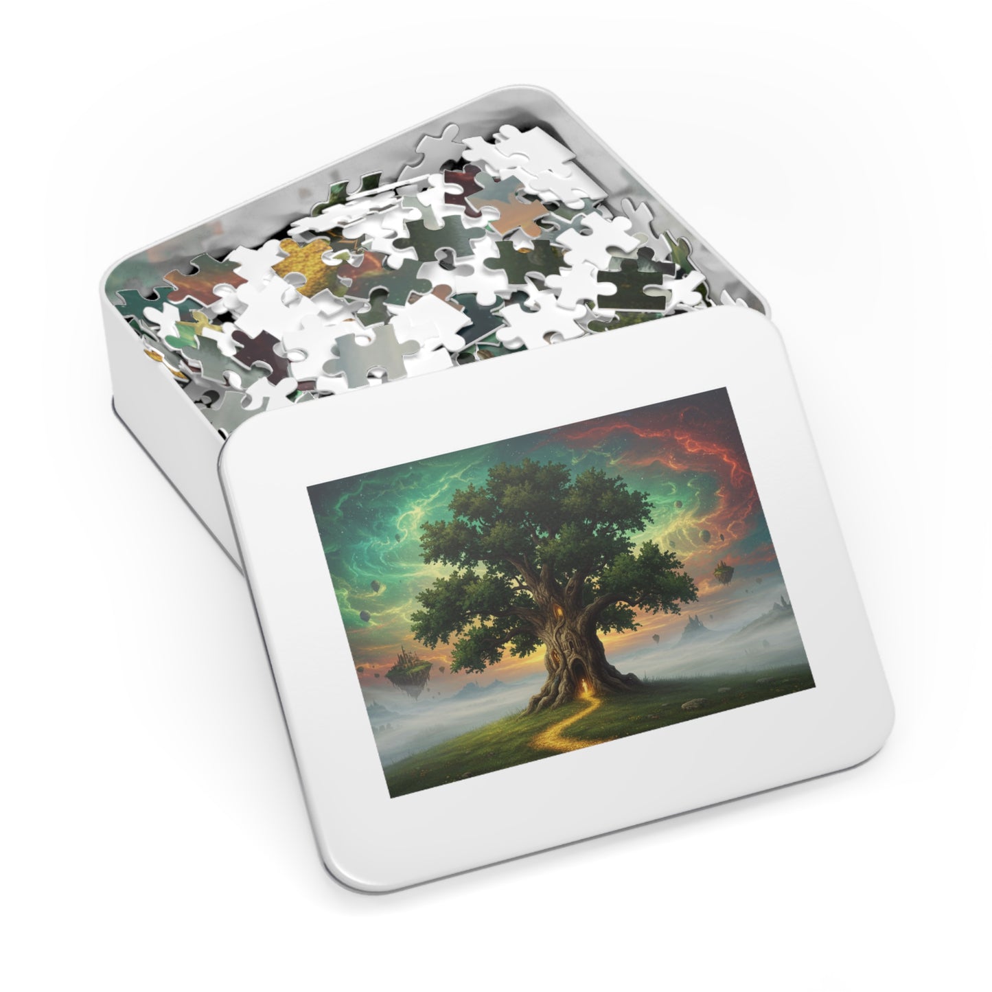 110, 252, 500, 1000, 2000 Magical Tree Jigsaw Puzzle, Mystical Tree with Glowing Doorway, Cosmic Sky and Enchanted Forest Scene, Mystical Gateway Puzzle