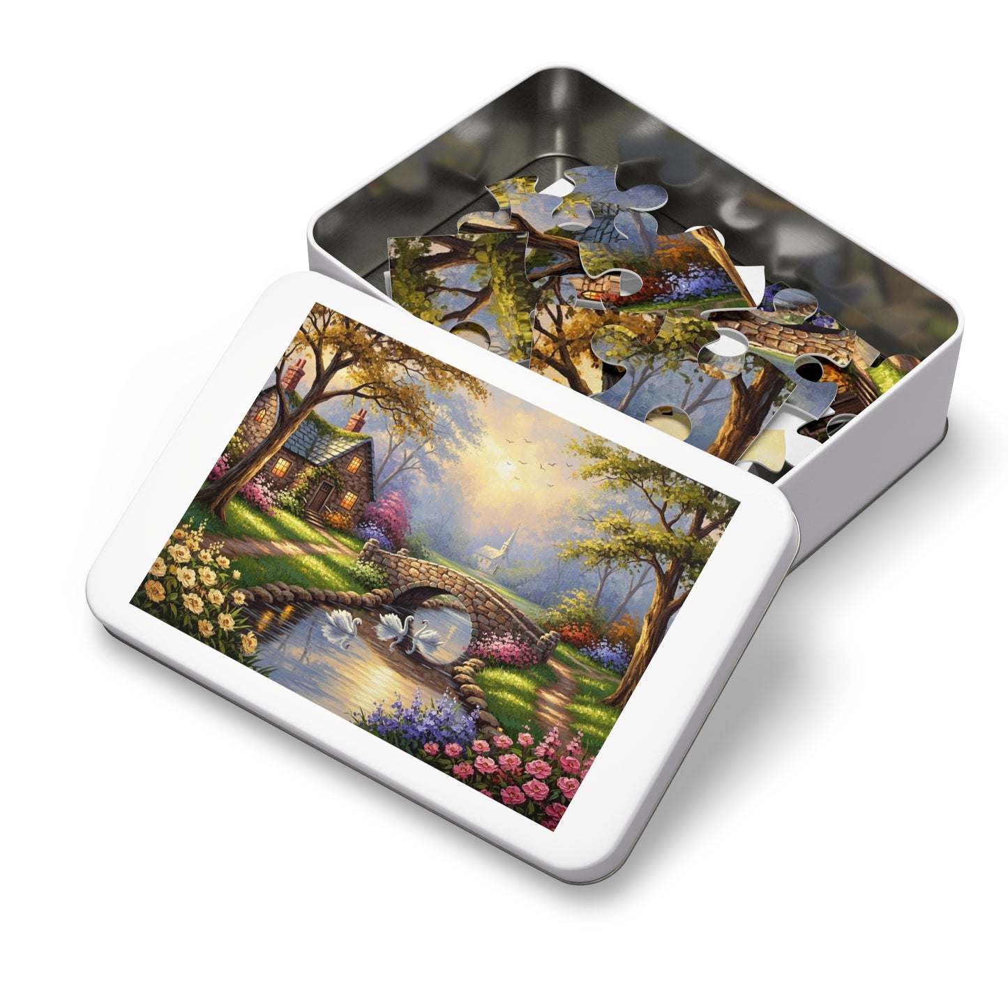 Spring Swan Bridge Cottage Puzzle | Flower Garden, Stone Bridge, Peaceful Countryside Scene