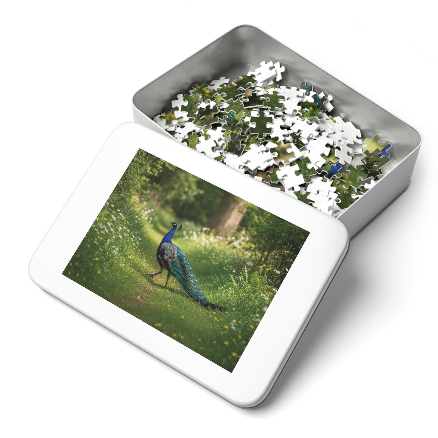 Peacock in Wildflower Garden Jigsaw Puzzle (with Tin) — 500-Piece Nature Puzzle Gift