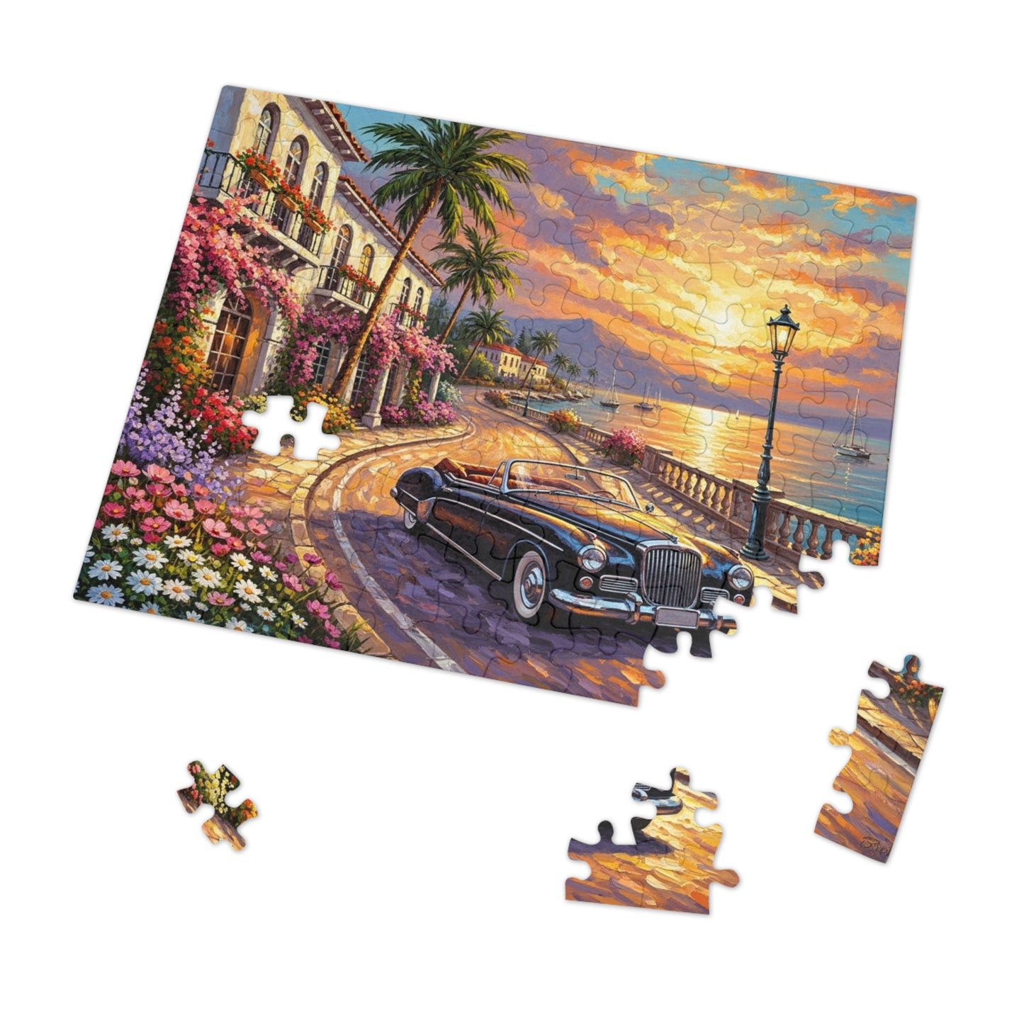 Vintage Convertible Coastal Sunset Jigsaw Puzzle