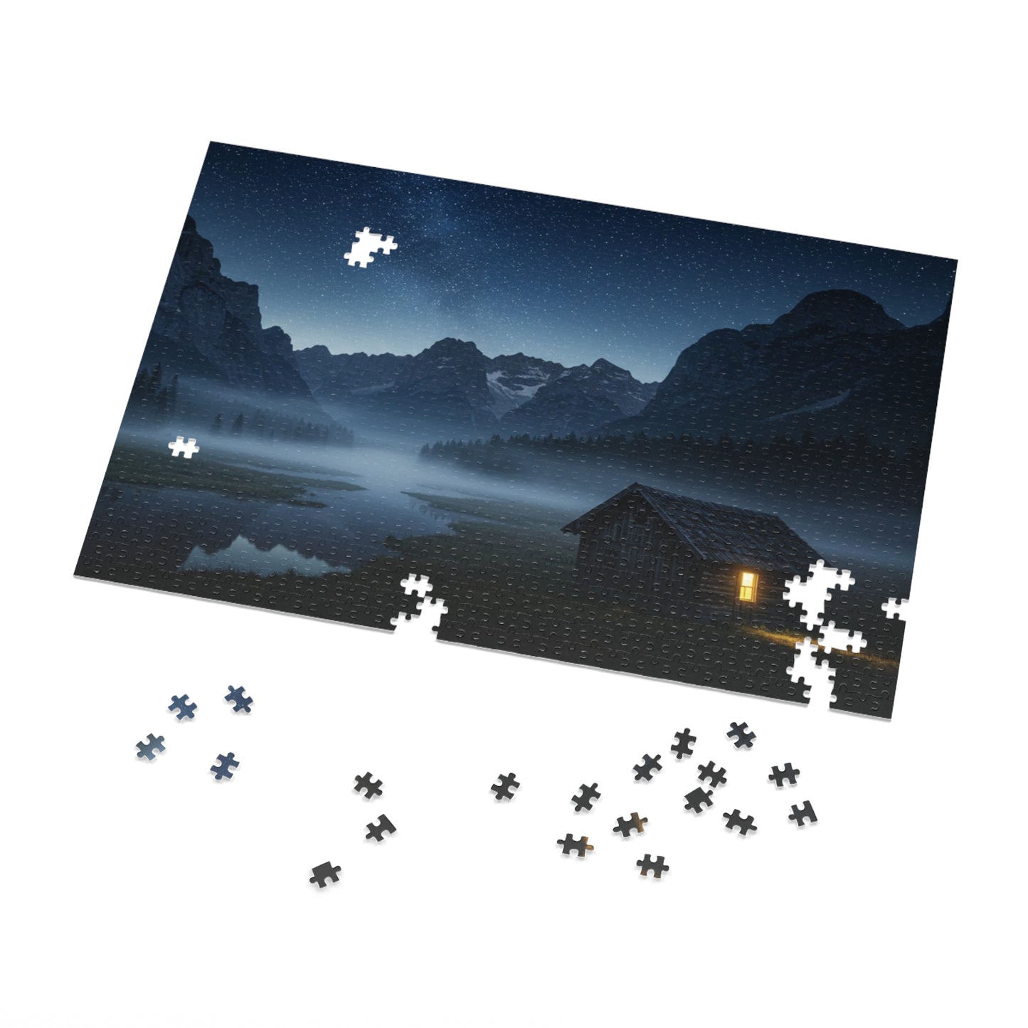 110, 252, 500, 1000, 2000 Starry Night Cabin Puzzle, Tranquil Nightscape Puzzle, Nighttime Cabin Under Stars, Twilight Mountains and Lit Cabin, Foggy Valley and Star-Filled Sky, Wilderness Cabin Puzzle