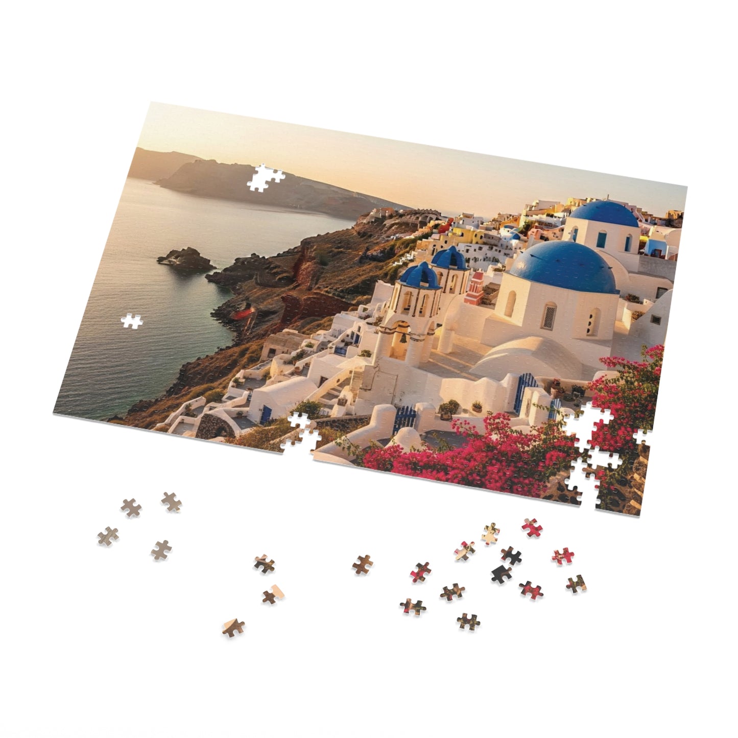 Santorini Sunset Cliffside Jigsaw Puzzle ☀️ Blue Domes Over the Aegean Sea