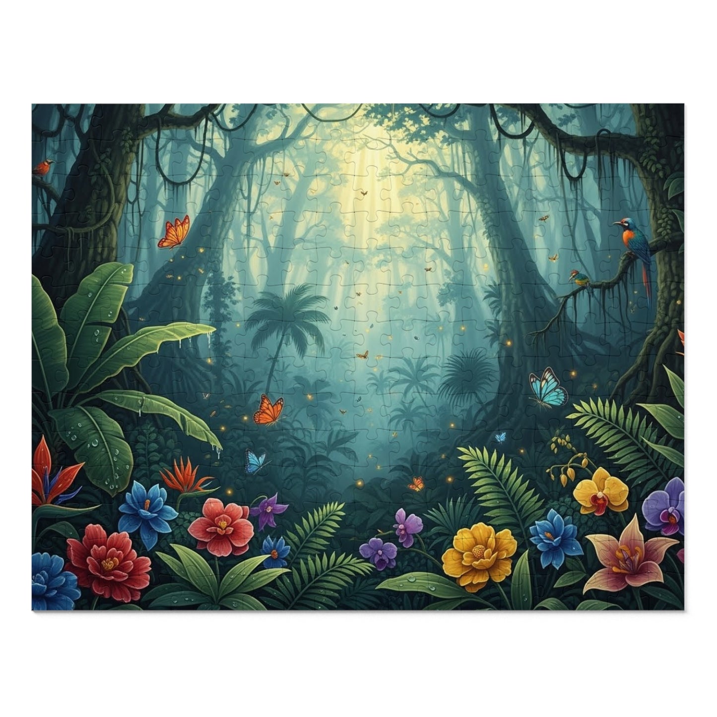 Enchanted Tropical Forest Puzzle with Butterflies, Exotic Flowers and Golden Light