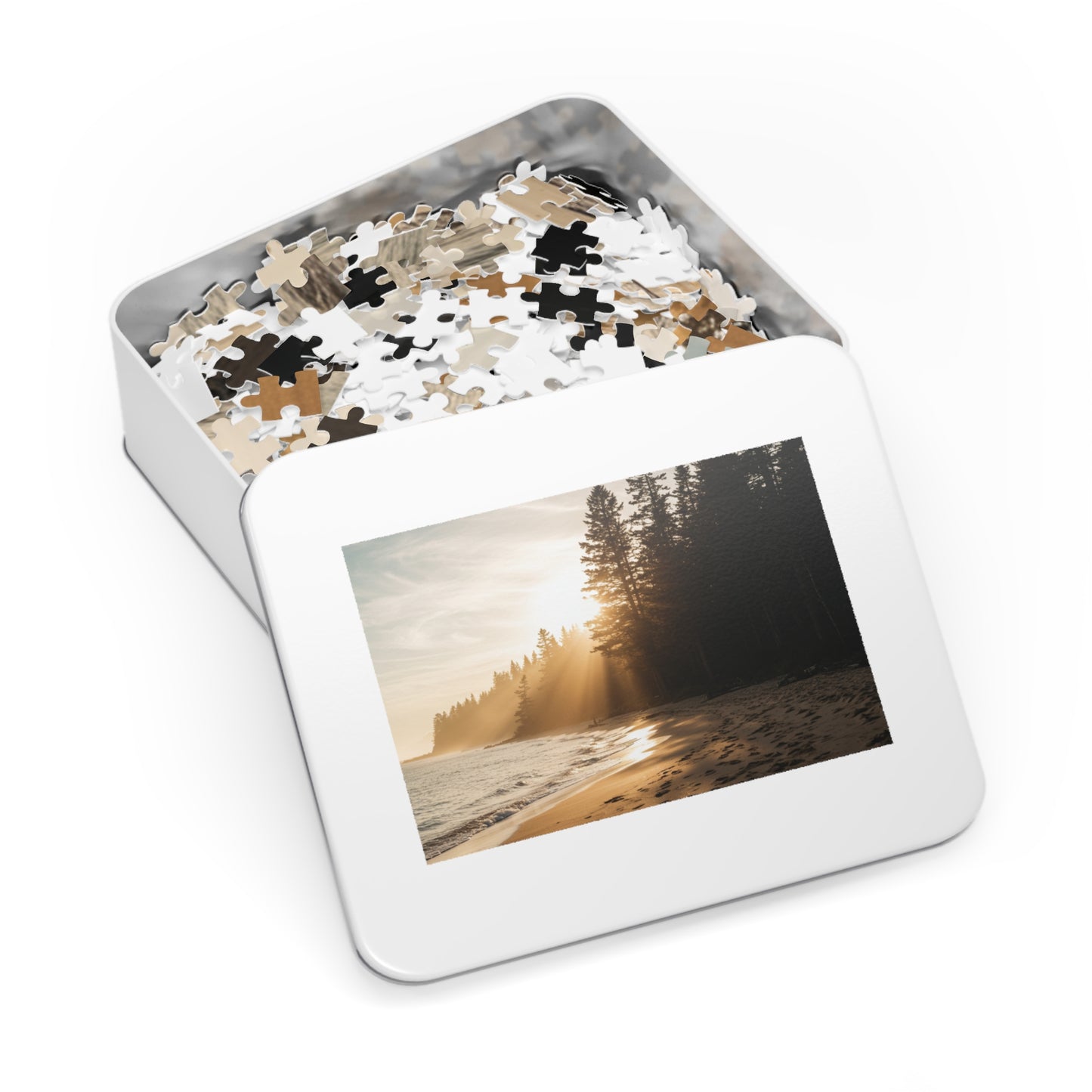 Forest Beach Sunset Jigsaw Puzzle (252–2000 pcs),  Warm Sunset, Trees & Sand Path, Forest Coastline and Sunbeams, Premium Tin Gift,  Footprints in Sand