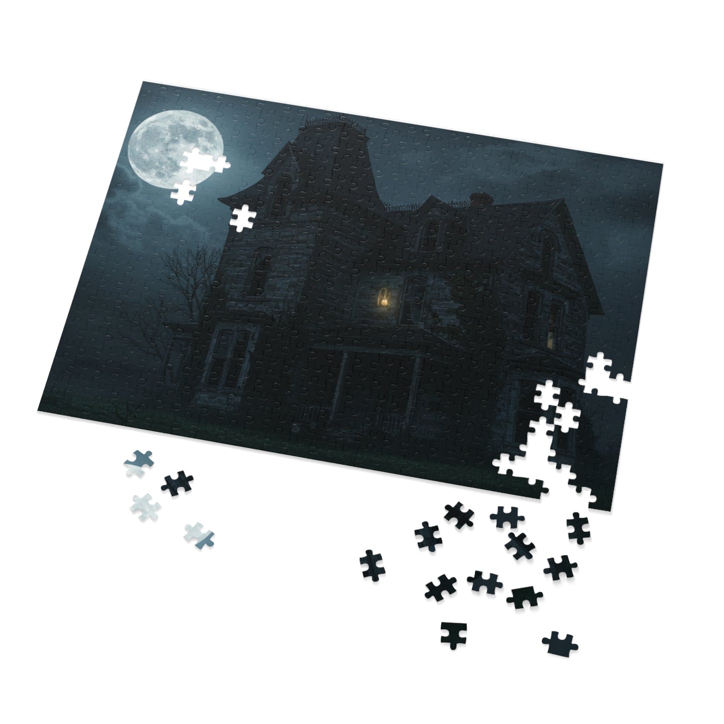 110, 252, 500, 2000 Haunted House Jigsaw Puzzle with Tin, Haunted House Under Full Moon – Spooky Puzzle for Halloween Nights, Ghostly Manor Puzzle, Abandoned House in Moonlight, The Forgotten Estate