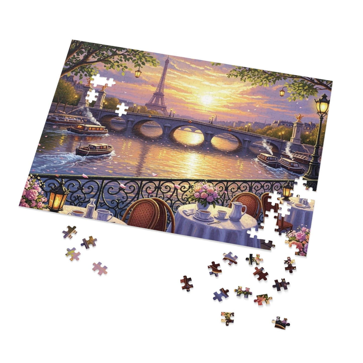 Eiffel Tower Sunset Over the Seine Puzzle | Paris Café Terrace Artwork