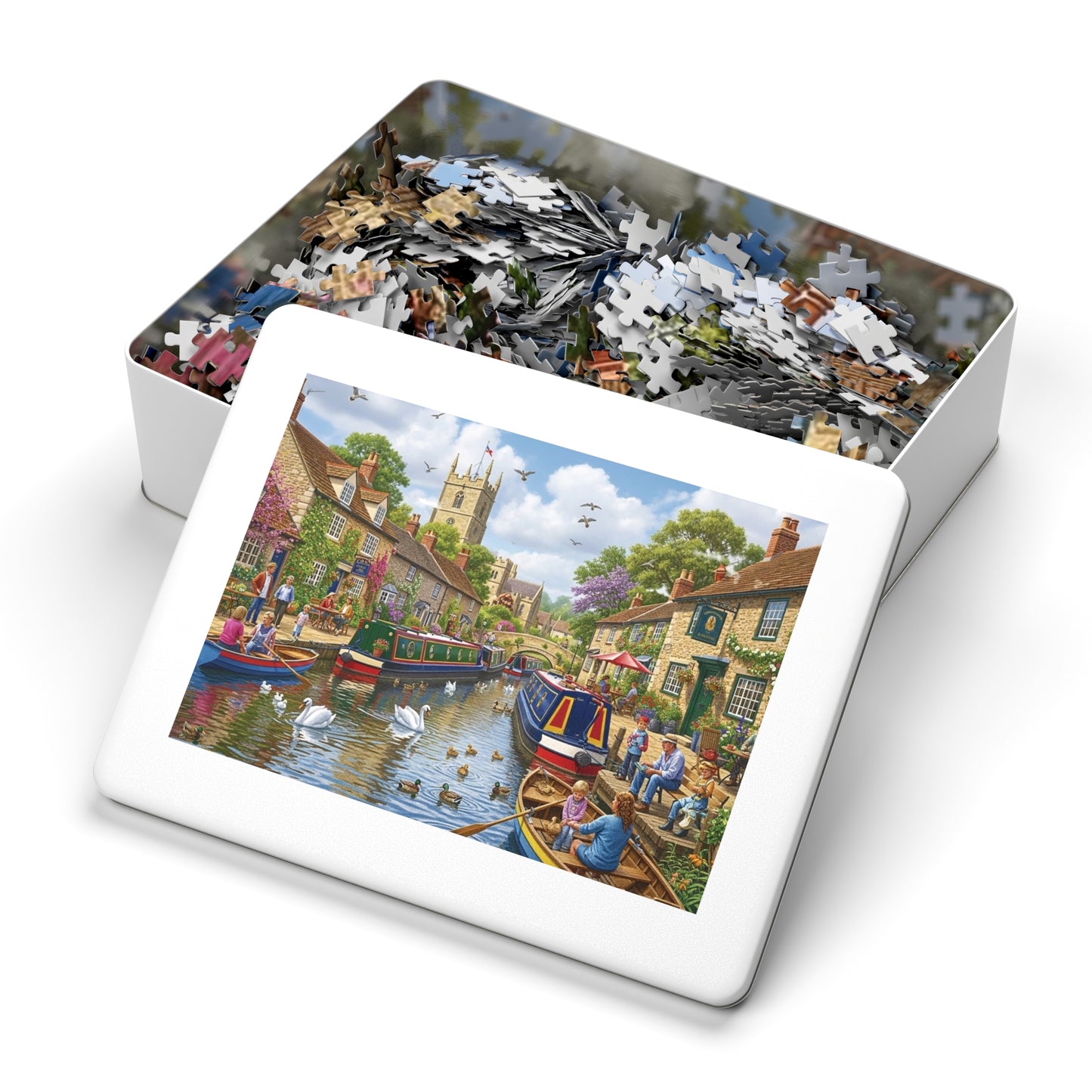 Canal Village Jigsaw Puzzle with Boats Swans and Cottages