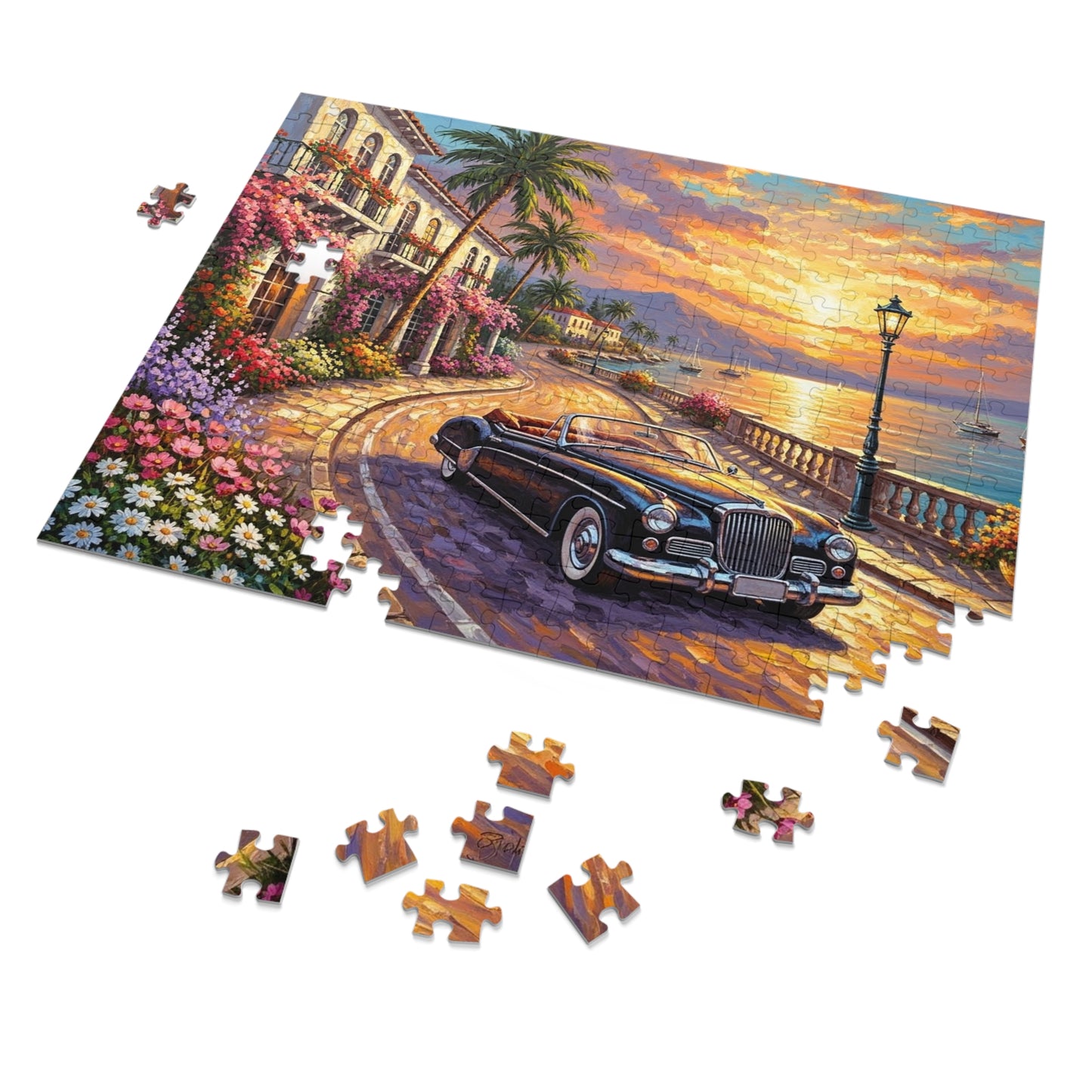 Vintage Convertible Coastal Sunset Jigsaw Puzzle