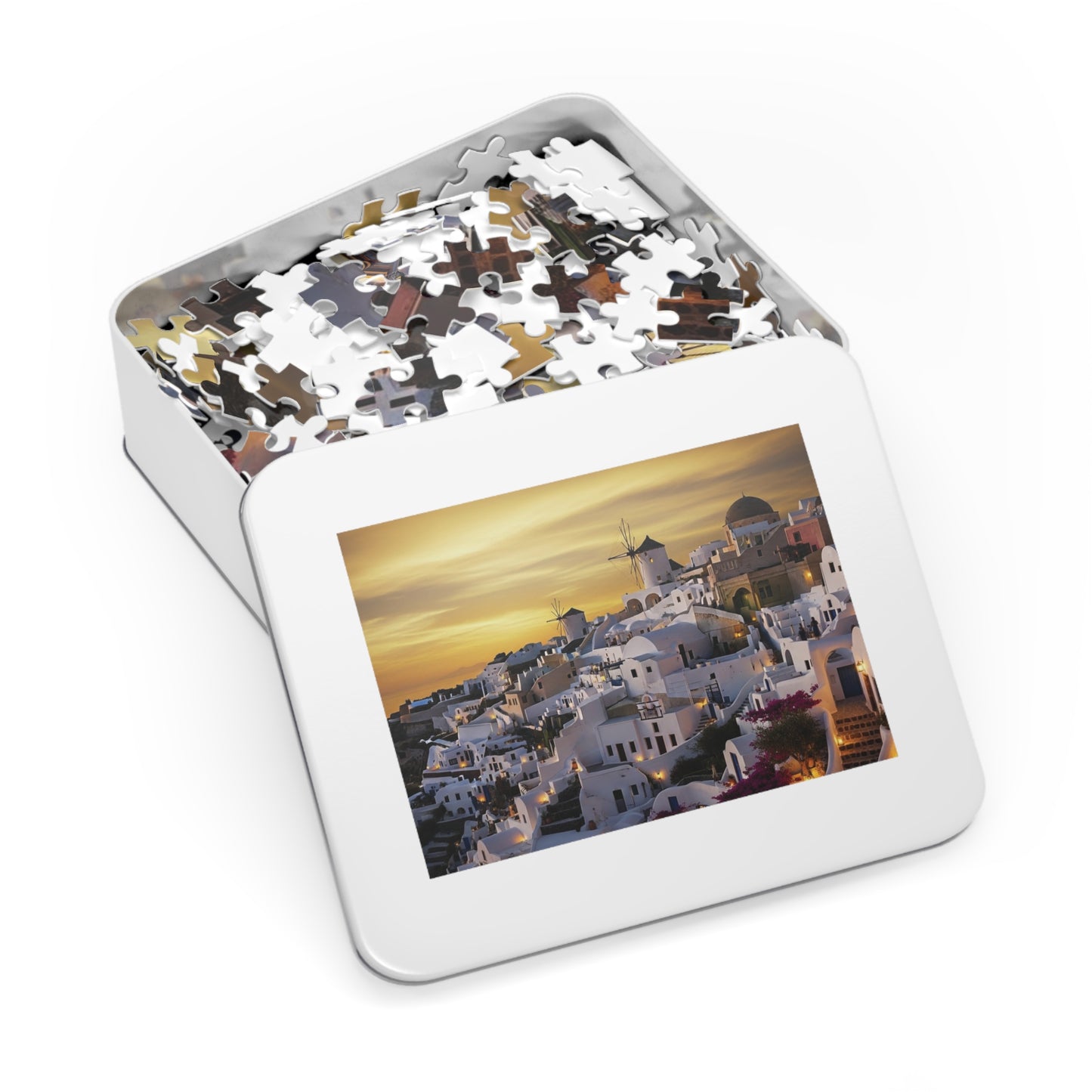 Santorini Sunset Village Jigsaw Puzzle 🌅 Whitewashed Homes, Windmills & Golden Aegean Evening